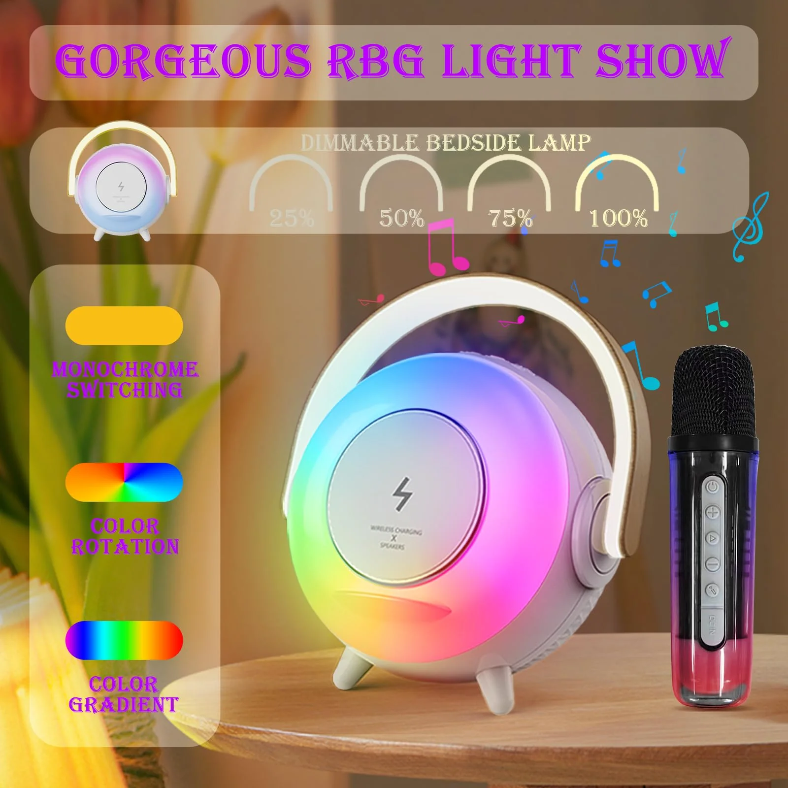 Depulat 6 in 1 Bluetooth Speaker, Microphone Karaoke, RGB Ambient Table Lamp, Dimmable Night Light, 15W Wireless Phone Charging Station, Phone Stand, Gifts for Teen Boy Girl Gifts Trendy Stuff PX-03 - Image 4