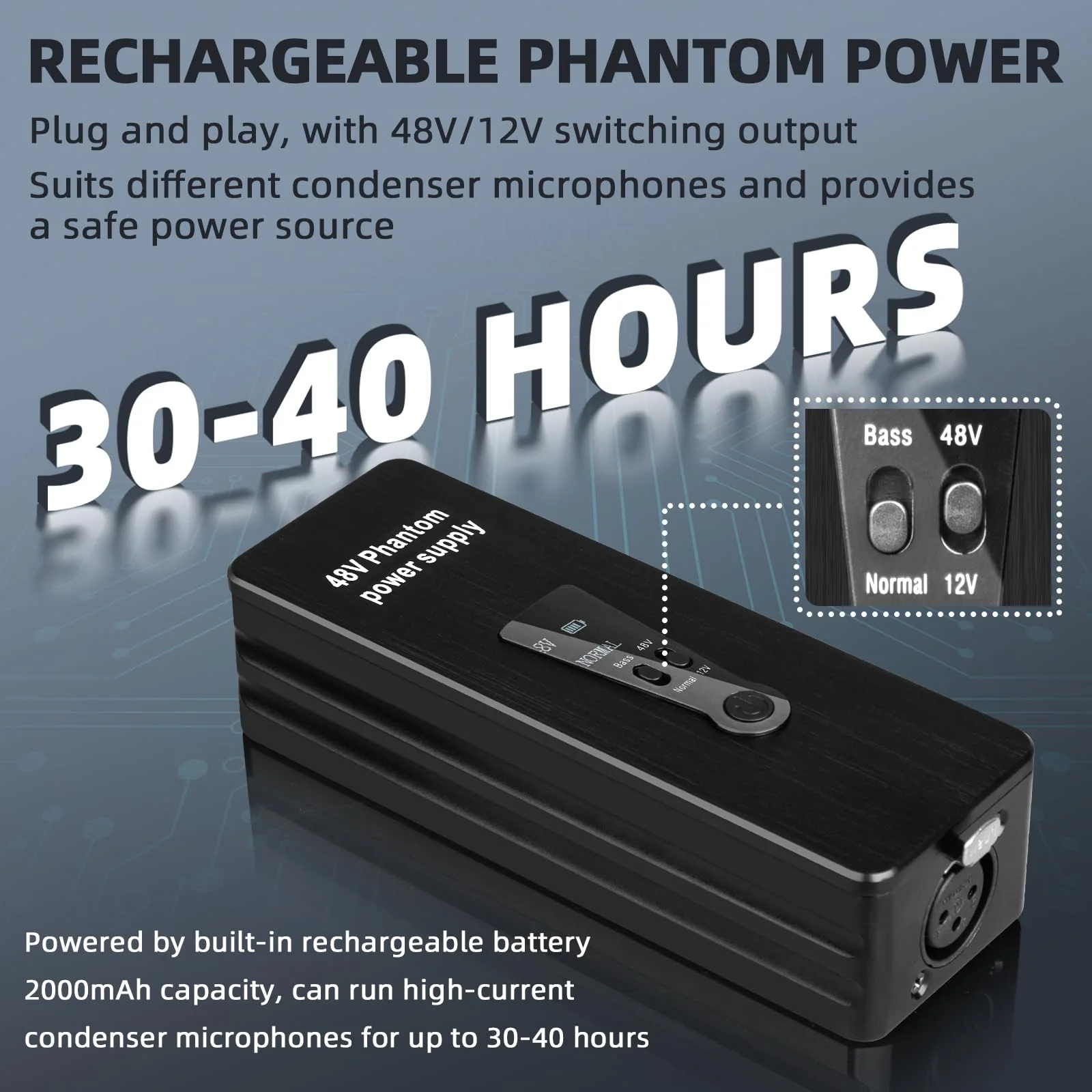 Depusheng Phantom Power Supply 48V/12V Switch, Rechargeable Portable Phantom Power for Condenser/Interview Shotgun Microphone, Audio Interface, Recording Studios, Up to 40h Working Time - Image 3
