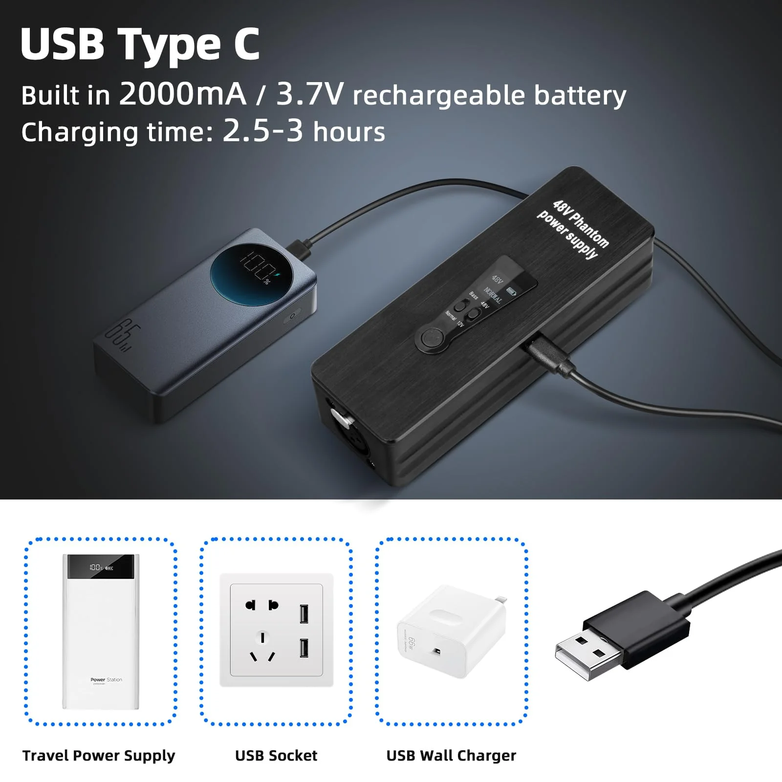 Depusheng Phantom Power Supply 48V/12V Switch, Rechargeable Portable Phantom Power for Condenser/Interview Shotgun Microphone, Audio Interface, Recording Studios, Up to 40h Working Time - Image 4