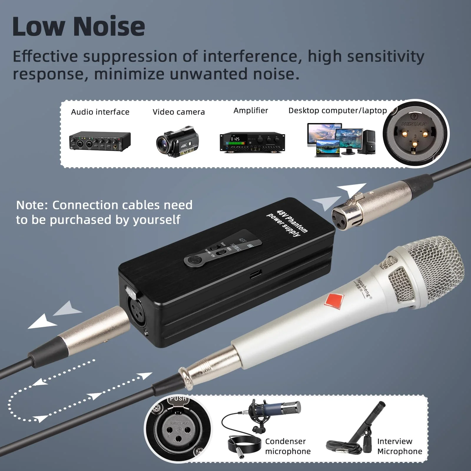 Depusheng Phantom Power Supply 48V/12V Switch, Rechargeable Portable Phantom Power for Condenser/Interview Shotgun Microphone, Audio Interface, Recording Studios, Up to 40h Working Time - Image 5