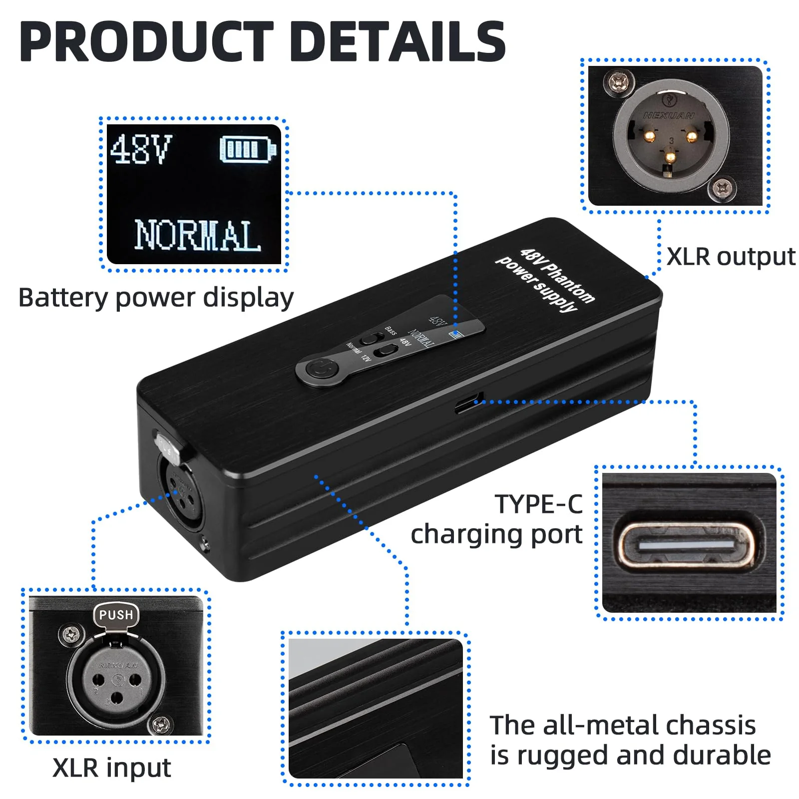 Depusheng Phantom Power Supply 48V/12V Switch, Rechargeable Portable Phantom Power for Condenser/Interview Shotgun Microphone, Audio Interface, Recording Studios, Up to 40h Working Time - Image 6