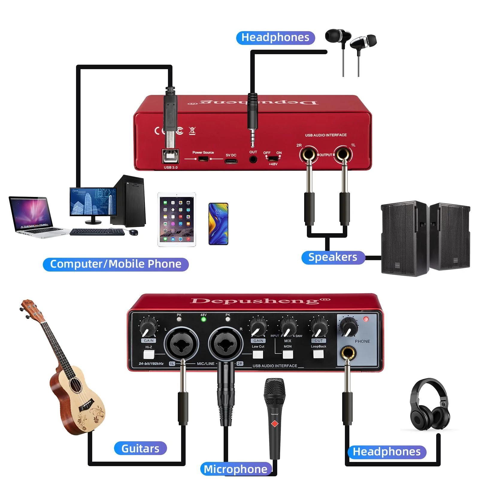 Depusheng RED USB Audio Interface for Recording Music, XLR Interface with 48 V Phantom Power, Audio Box for Guitarists,Podcasters or Producers to record and playback studio quality sound - Image 3