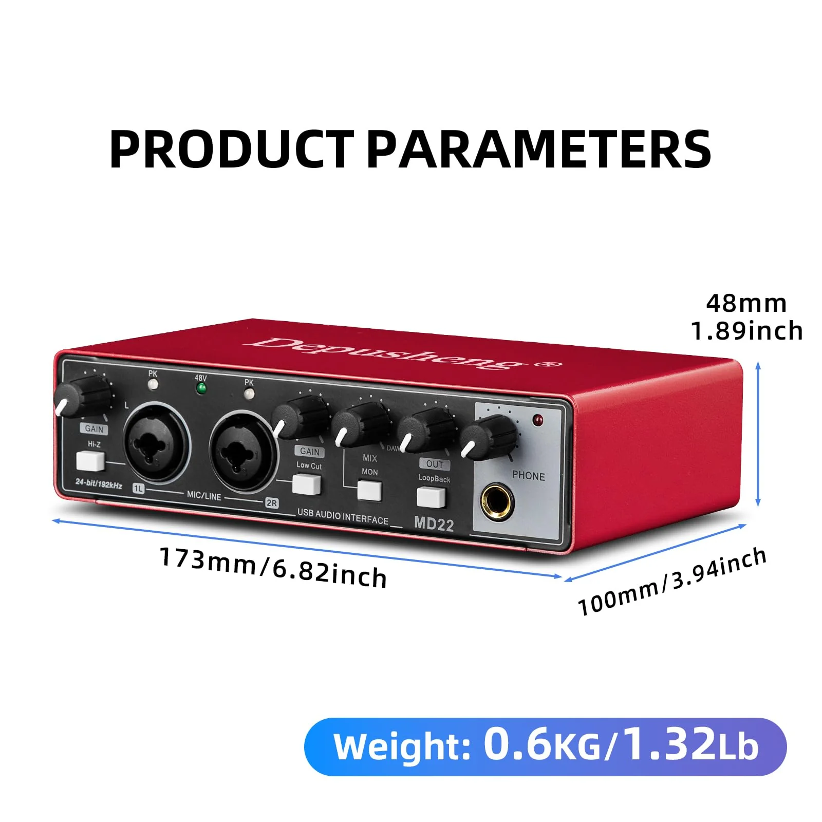 Depusheng RED USB Audio Interface for Recording Music, XLR Interface with 48 V Phantom Power, Audio Box for Guitarists,Podcasters or Producers to record and playback studio quality sound - Image 6