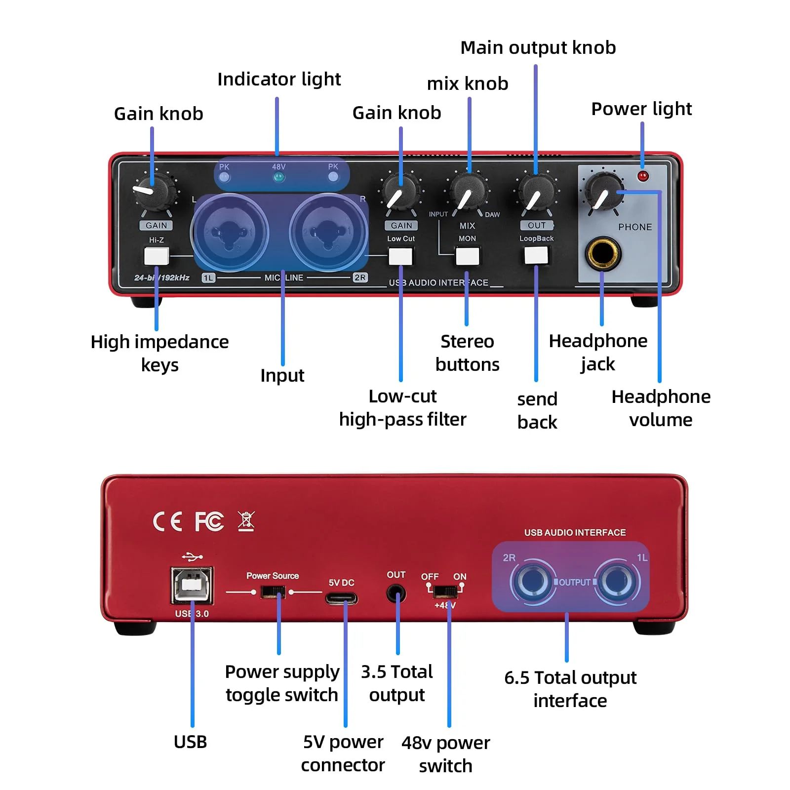 Depusheng RED USB Audio Interface for Recording Music, XLR Interface with 48 V Phantom Power, Audio Box for Guitarists,Podcasters or Producers to record and playback studio quality sound - Image 7