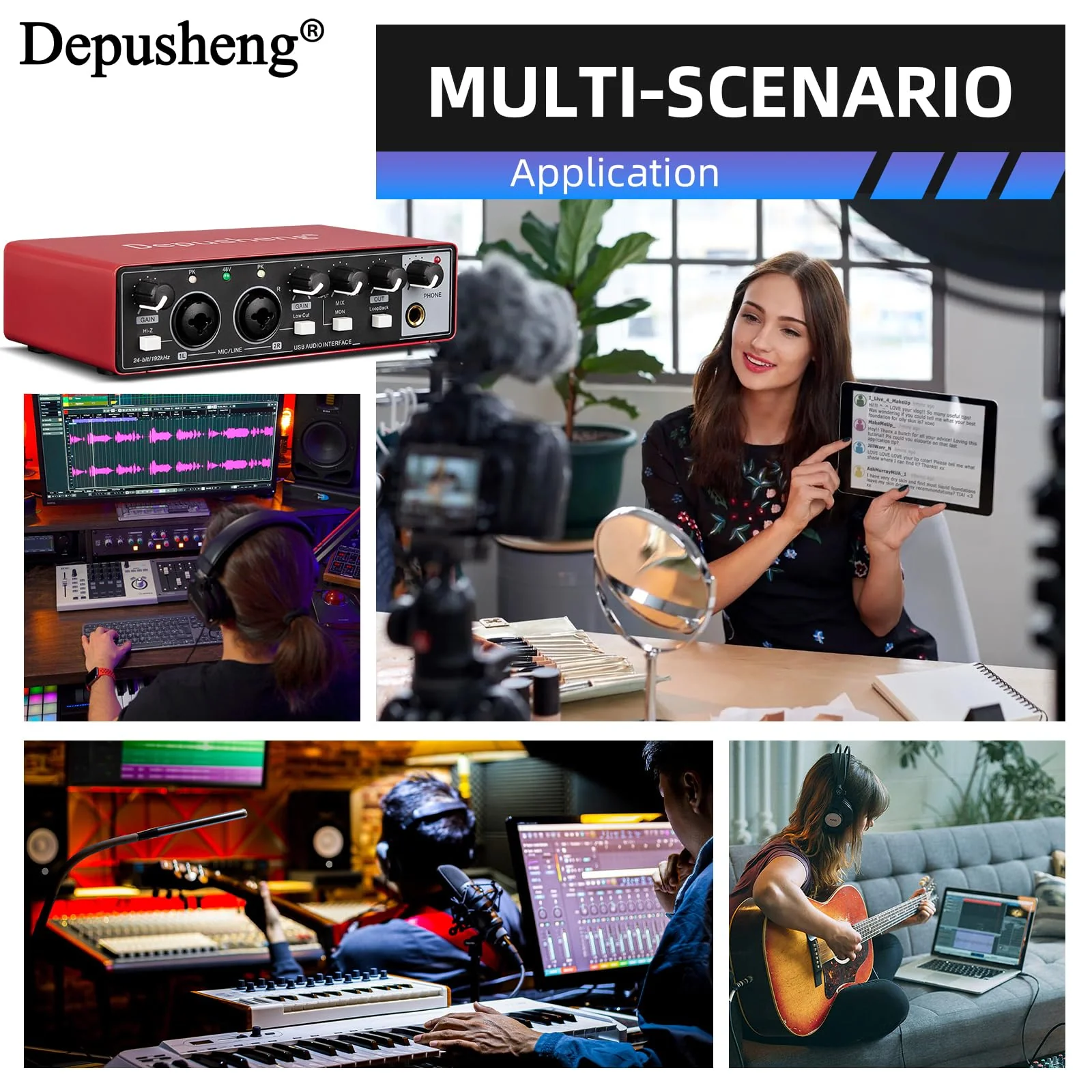 Depusheng RED USB Audio Interface for Recording Music, XLR Interface with 48 V Phantom Power, Audio Box for Guitarists,Podcasters or Producers to record and playback studio quality sound - Image 8