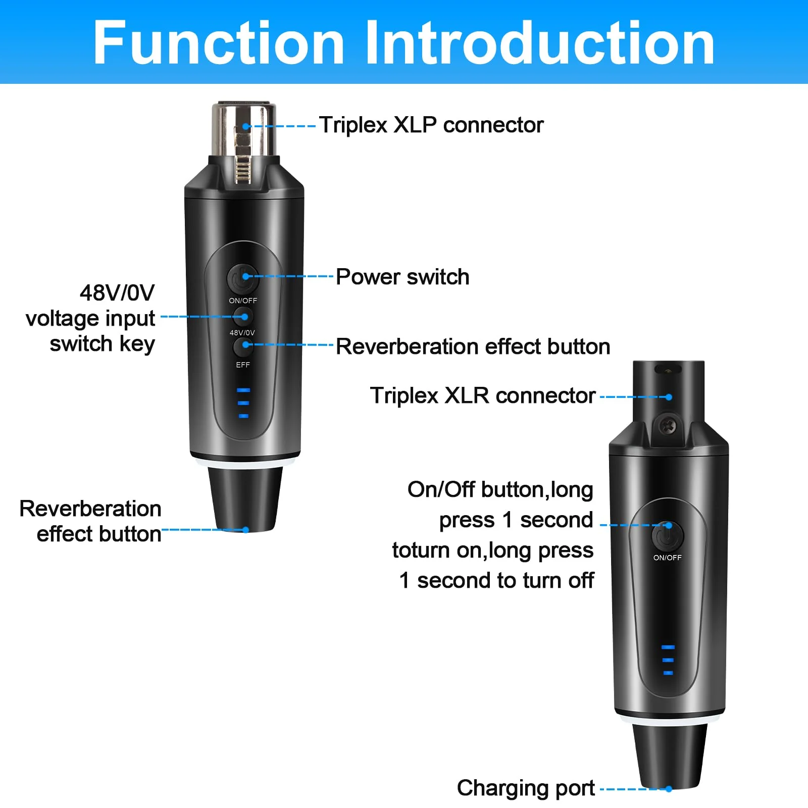 Depusheng S5 Wireless Microphone System Wireless Guitar Transmitter Receiver XLR Plug-on for Dynamic and 48V Condenser Microphones, Audio Mixer, with 48v Phantom Power and Reverb Switch - Image 8