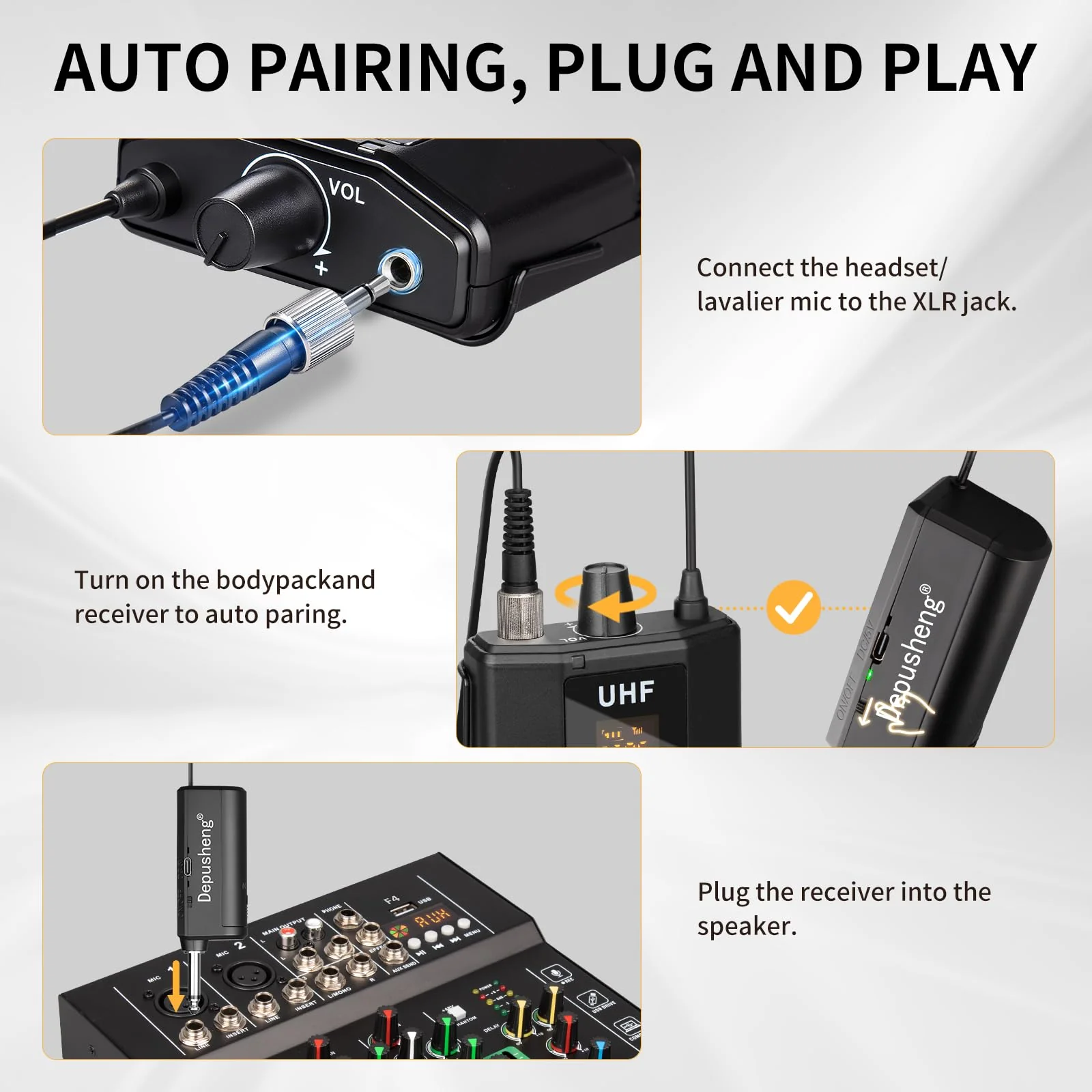 Depusheng UHF Microphone System -Wireless Microphone Set with Headset and Lavalier Lapel Mics, Beltpack Transmitter and Receiver,200ft Range, for Recording PA Speaker,Conference Q6MIC2 - Image 2