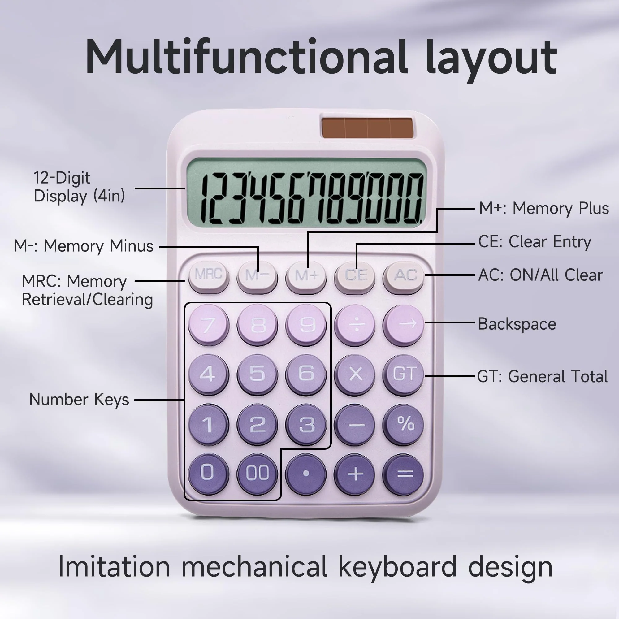 Desk Calculator,12 Digits, Large LCD Display,Big Buttons,Solar and Battery Dual Power Desktop Calculators,Cute and Aesthetic,Suitable for Office and Study (Ombre Purple, M) Ombre Purple - Image 5