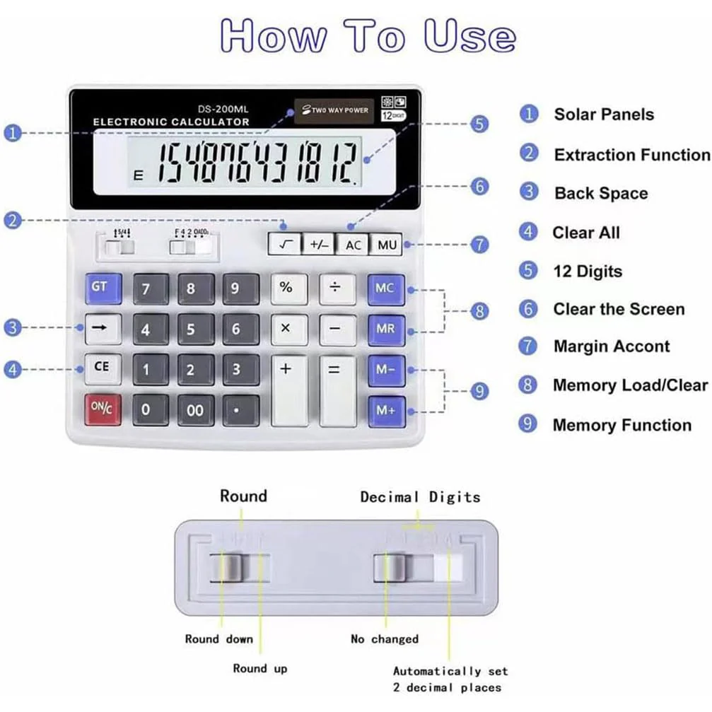 Desk Calculator Large 12 Digit Display, Dual Power Basic Calculator Desktop, Big Button for Office, Business, Home and School (Grey). - Image 3