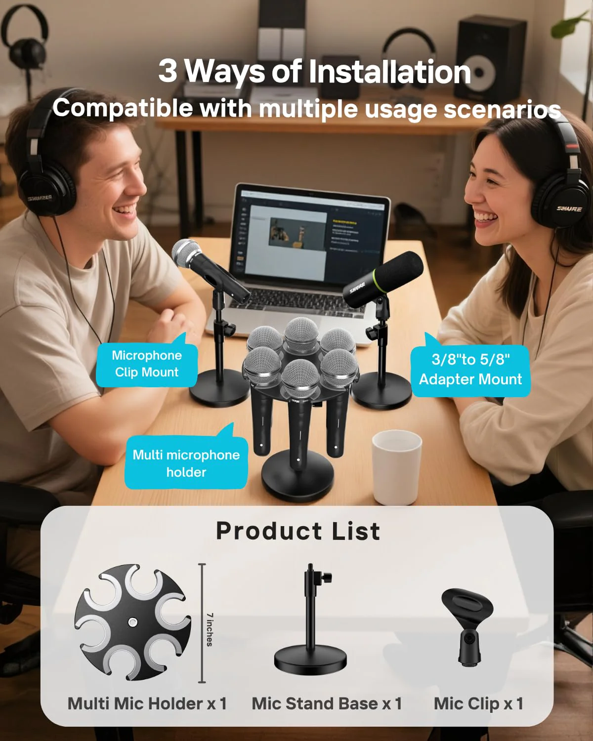 Desk Mic Stand with Multi Microphone Holder|Heavy Metal Base Anti-Tip Design|Adjustable Height Stand for Podcast&Studio|Holds 6 Mics|Clip & Mount Adapter for Shure SM57/SM58/SM7B,Blue Yeti,Fifine Mics - Image 2