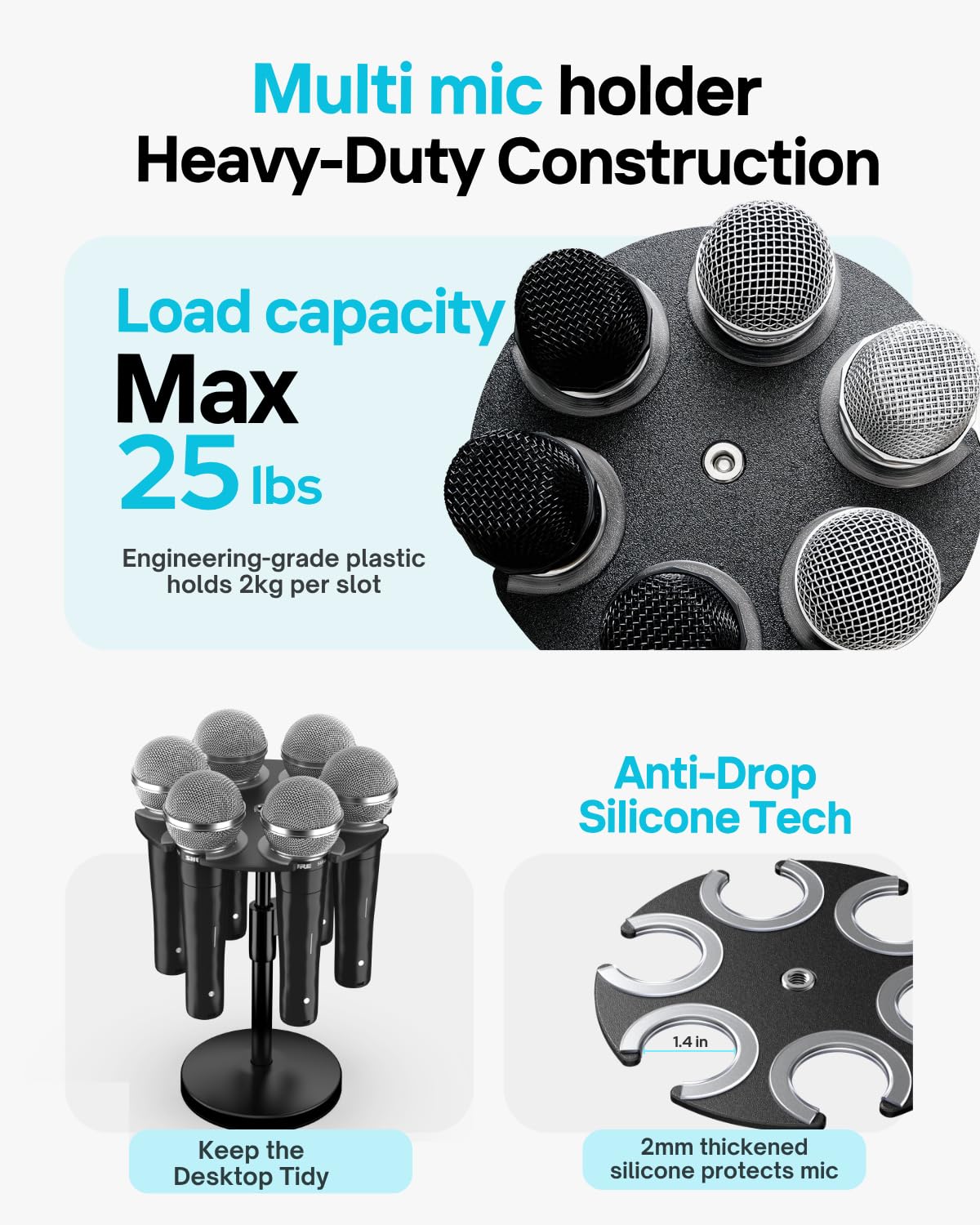 Desk Mic Stand with Multi Microphone Holder|Heavy Metal Base Anti-Tip Design|Adjustable Height Stand for Podcast&Studio|Holds 6 Mics|Clip & Mount Adapter for Shure SM57/SM58/SM7B,Blue Yeti,Fifine Mics - Image 5
