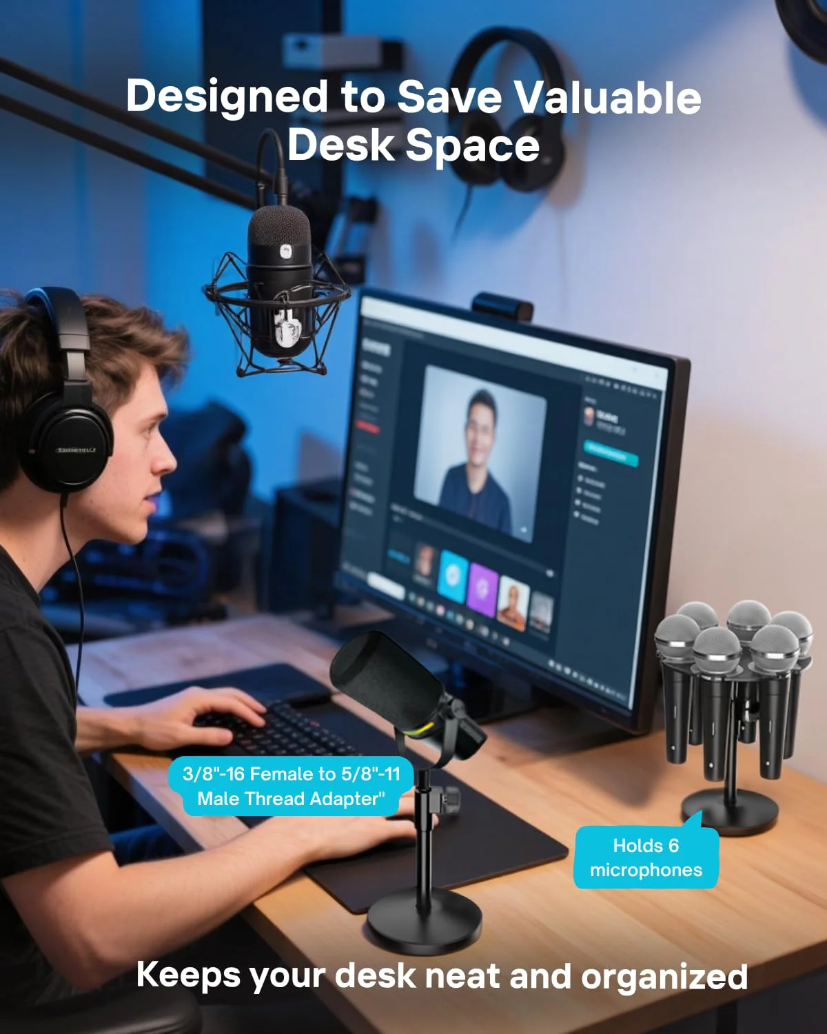 Desk Mic Stand with Multi Microphone Holder|Heavy Metal Base Anti-Tip Design|Adjustable Height Stand for Podcast&Studio|Holds 6 Mics|Clip & Mount Adapter for Shure SM57/SM58/SM7B,Blue Yeti,Fifine Mics - Image 8