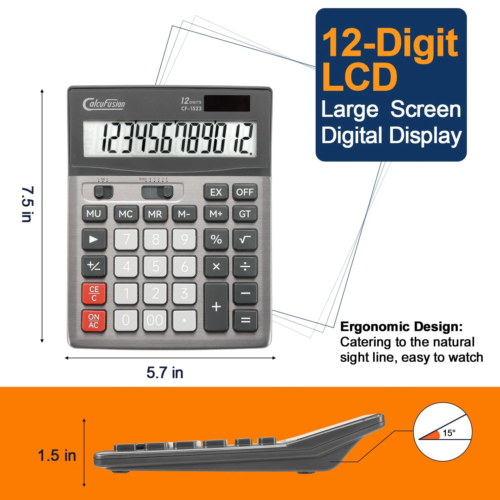 Desktop Calculator 12 Digit with Large LCD Display Big Buttons Basic Calculator Standard Function Solar Calculator with Battery Desk Calculators for Office School Home CF-1523 - Image 2