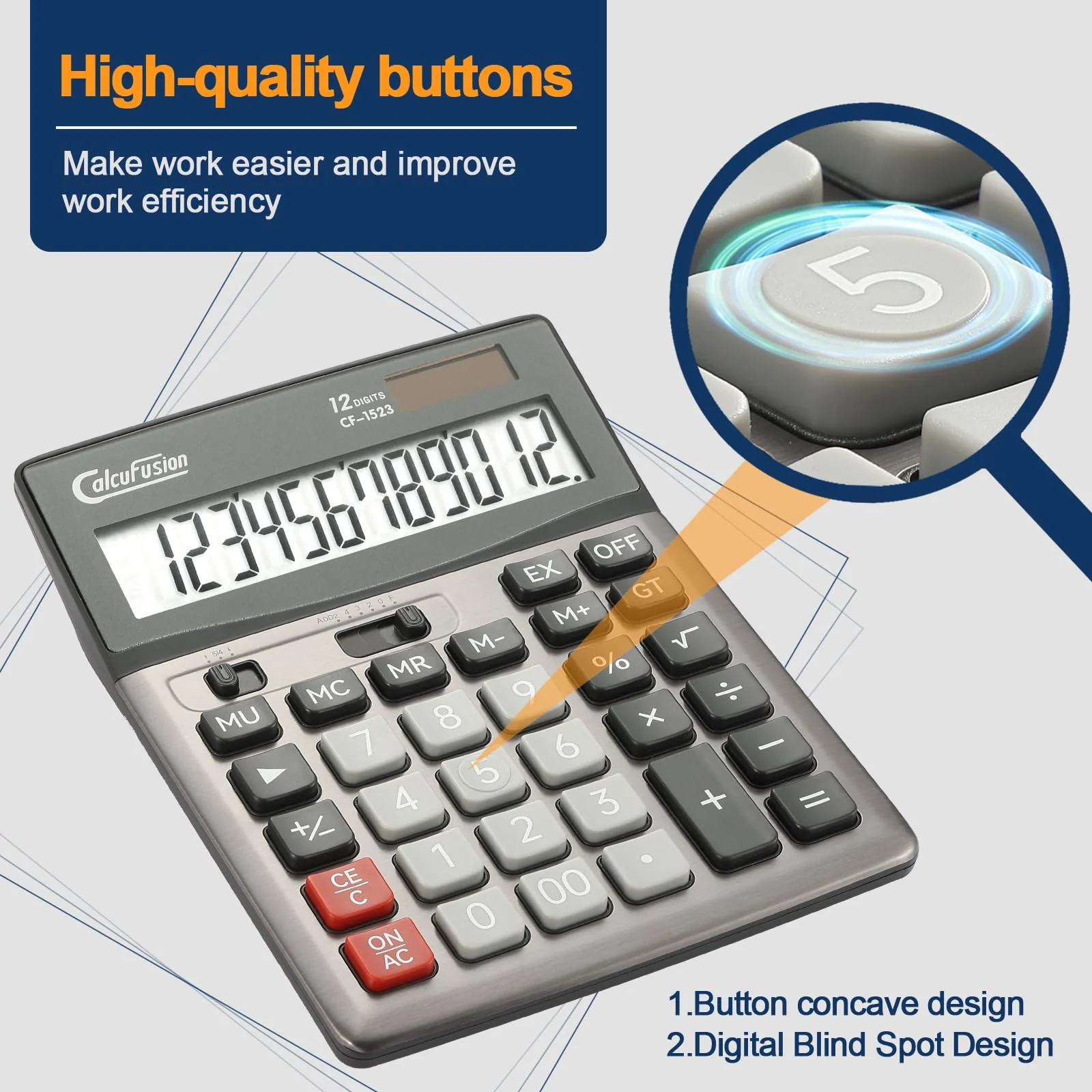 Desktop Calculator 12 Digit with Large LCD Display Big Buttons Basic Calculator Standard Function Solar Calculator with Battery Desk Calculators for Office School Home CF-1523 - Image 3