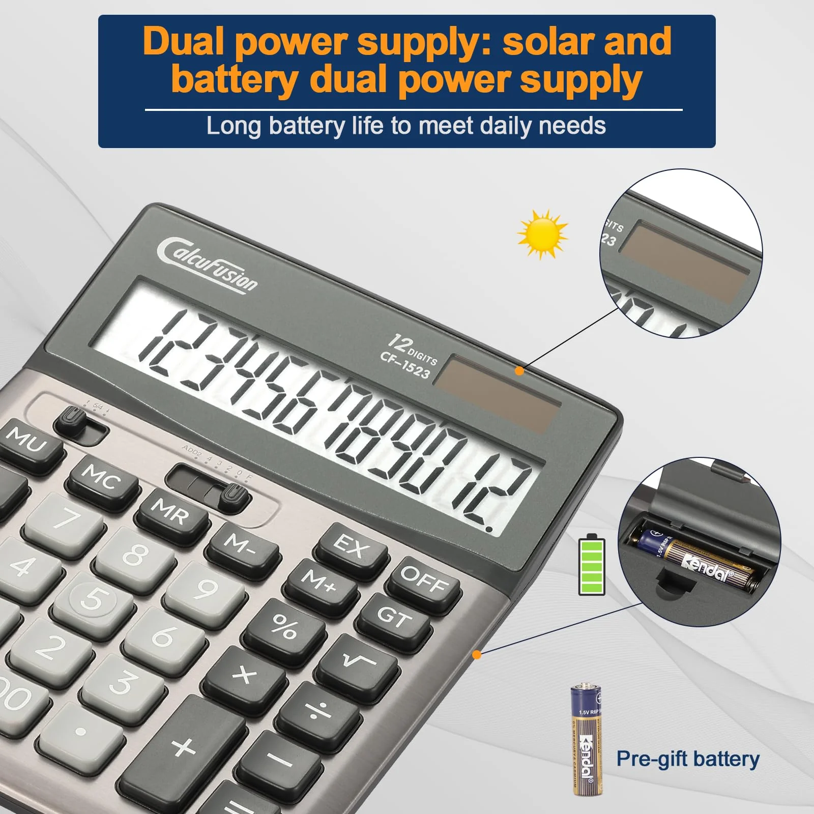 Desktop Calculator 12 Digit with Large LCD Display Big Buttons Basic Calculator Standard Function Solar Calculator with Battery Desk Calculators for Office School Home CF-1523 - Image 4