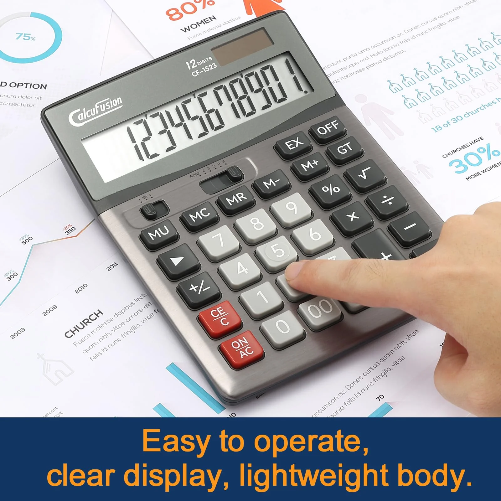 Desktop Calculator 12 Digit with Large LCD Display Big Buttons Basic Calculator Standard Function Solar Calculator with Battery Desk Calculators for Office School Home CF-1523 - Image 6