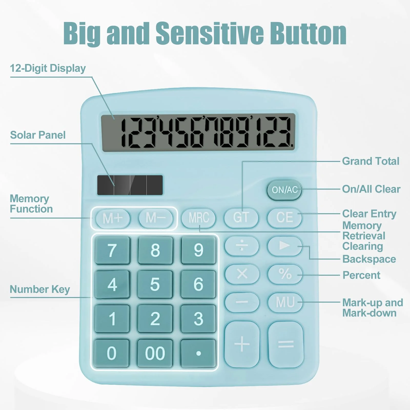 Desktop Calculator, Light Blue Calculator Big Buttons, 12-Digits Large LCD Display, Solar and AA Battery Dual Power, Desk Calculator for Office Home School Business Class (Light Blue) Light Blue1 - Image 5