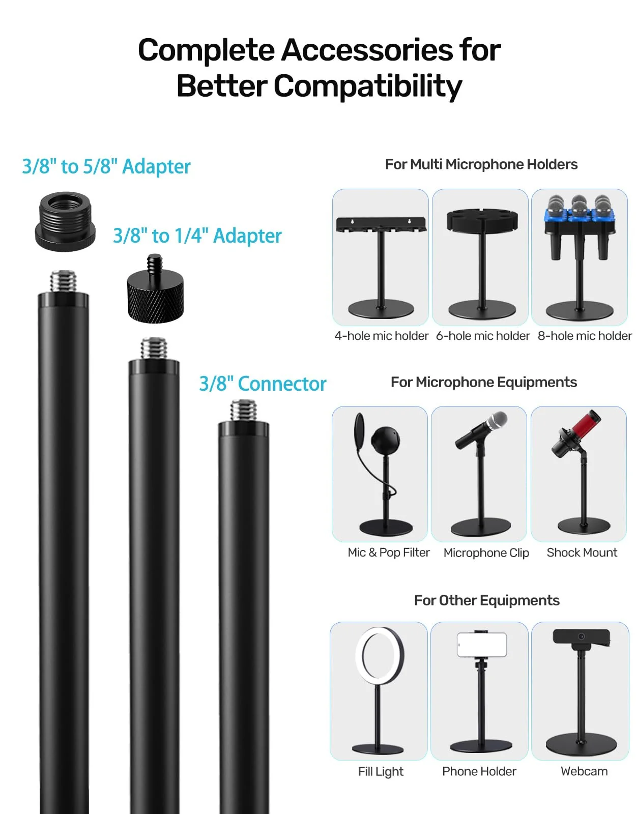 Desktop Microphone Stand, Weighted Base & Wide Compatibility, 3/8" Table Mic Stand with 5/8" and 1/4" Screw Adapters & Cable Ties, Ideal for Multi Microphone Holder, Podium, Podcasts, Meeting - Image 5