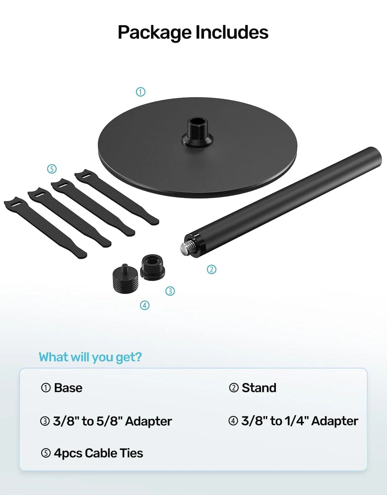 Desktop Microphone Stand, Weighted Base & Wide Compatibility, 3/8" Table Mic Stand with 5/8" and 1/4" Screw Adapters & Cable Ties, Ideal for Multi Microphone Holder, Podium, Podcasts, Meeting - Image 7