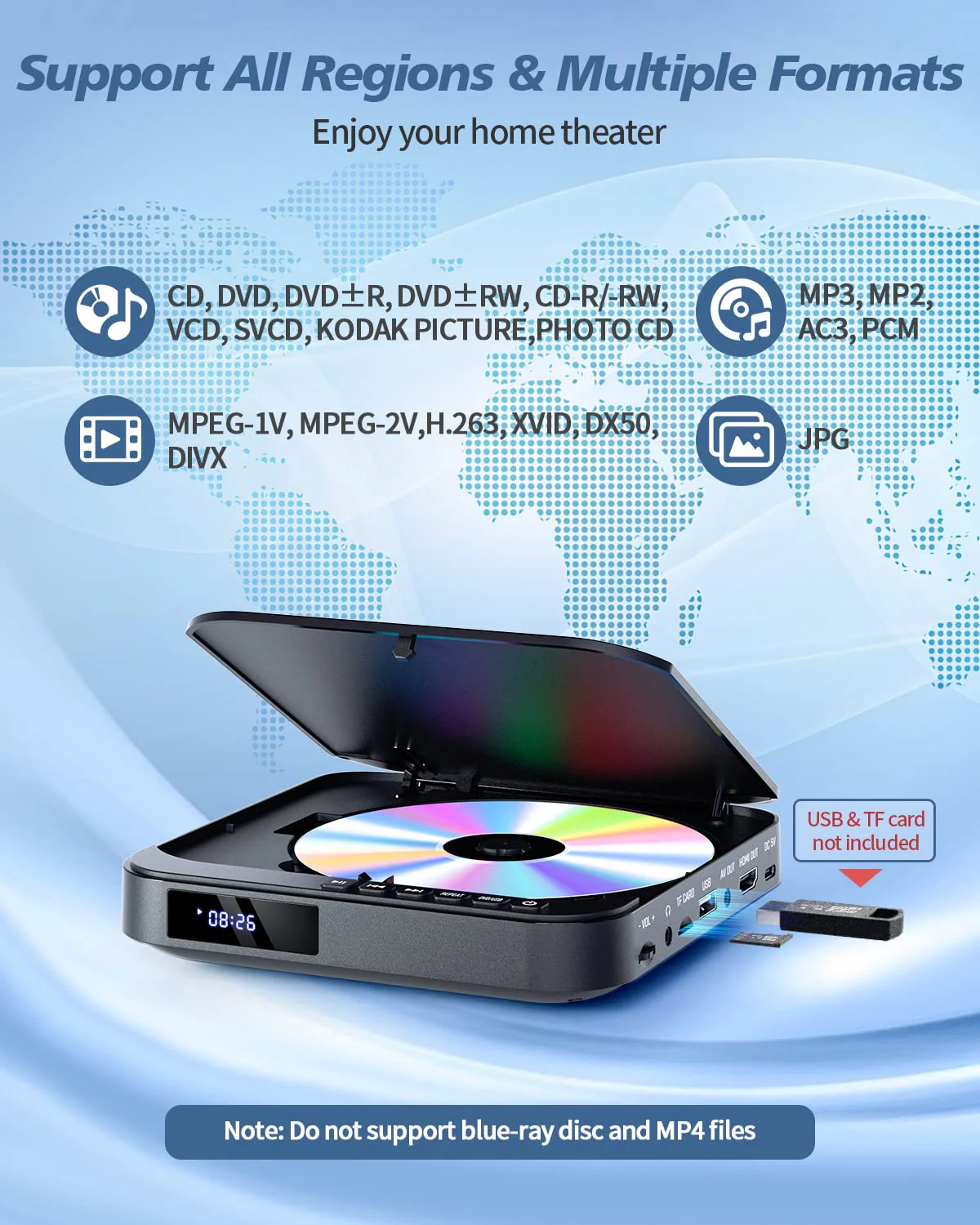 Desobry Mini DVD Player HDMI, 1080P HD Small Compact DVD Player for Smart TV with All Region Free, DVD CD Player with AV Output, USB/TF Card Input, Remote Control, Support PAL/NTSC Black - Image 5