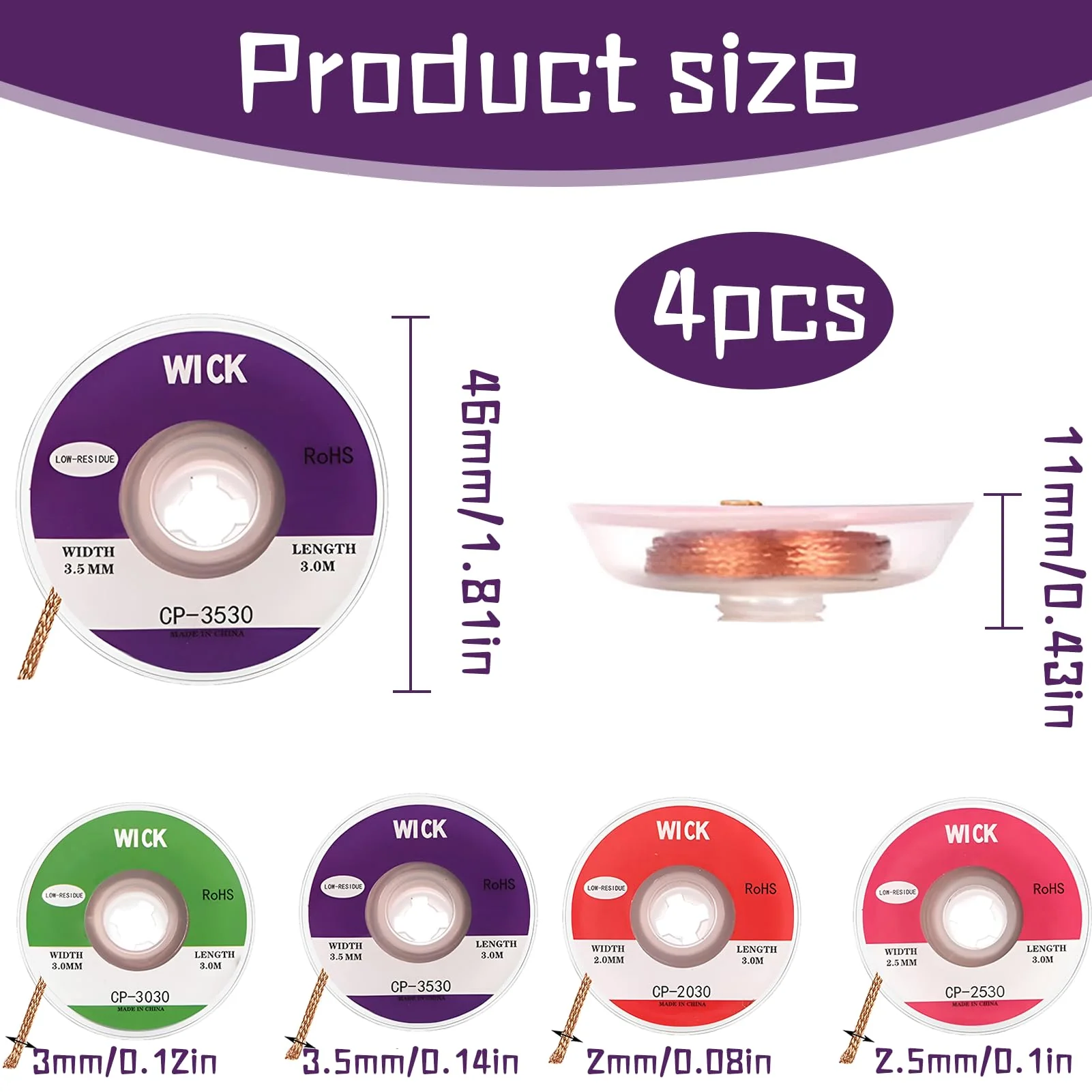 Desoldering Braid, Desoldering Braid Set, Copper Desoldering Wire, High Thermal Conductivity, Soldering Braid, 2 mm, 2.5 mm, 3 mm, 3.5 mm, for Desoldering and Removing Solder at Soldering Points - Image 2