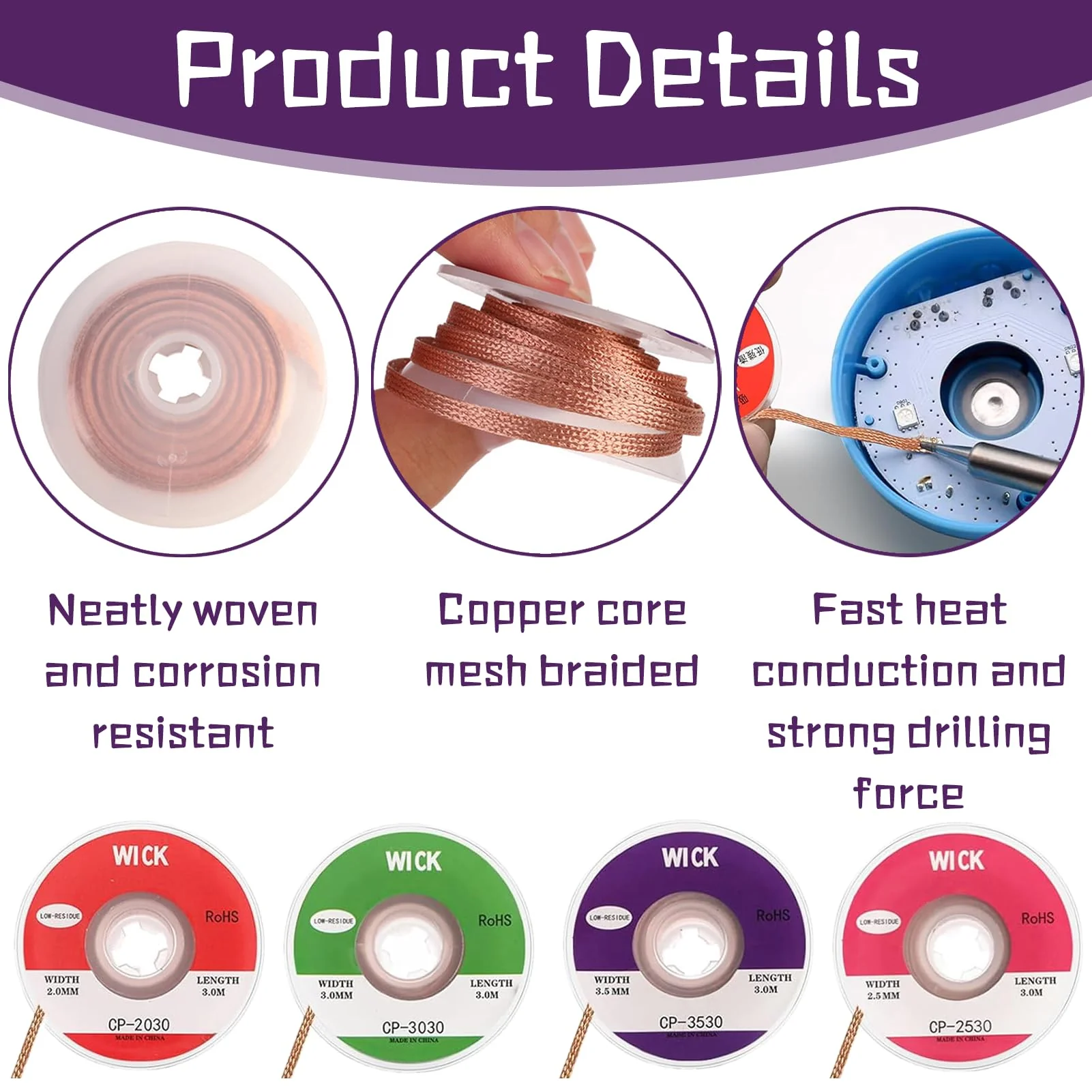 Desoldering Braid, Desoldering Braid Set, Copper Desoldering Wire, High Thermal Conductivity, Soldering Braid, 2 mm, 2.5 mm, 3 mm, 3.5 mm, for Desoldering and Removing Solder at Soldering Points - Image 3