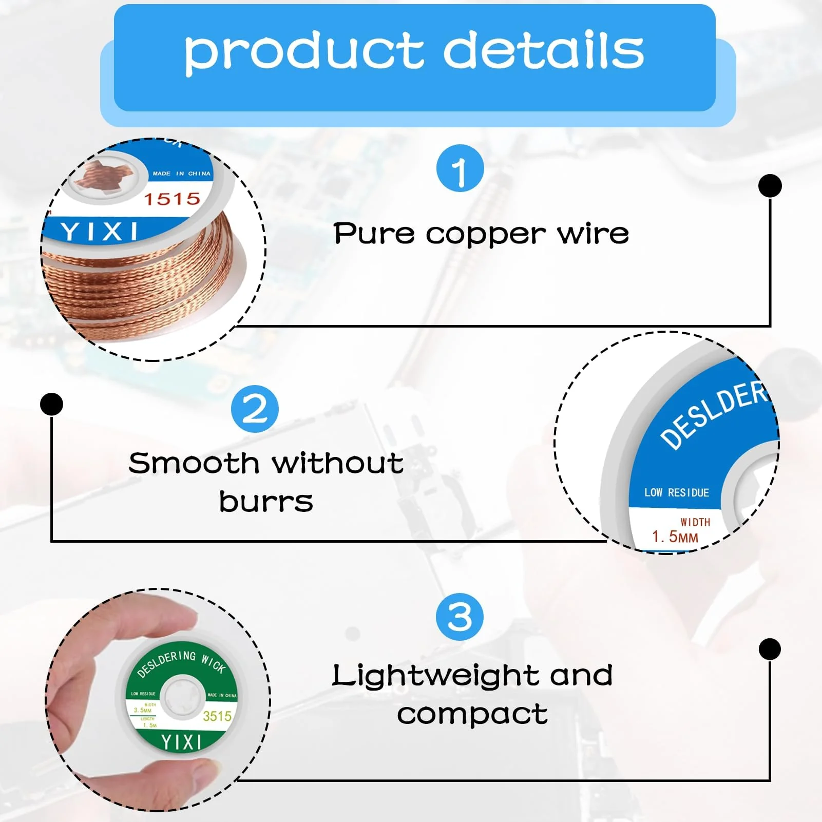 Desoldering Wire, Pack of 6 Braid Solder Wick, Desoldering Braid 1.5 m Copper Wire (1.0/1.5/2.0/2.5/3.0/3.5 mm) for Desoldering to Remove the Solder Wick from Solder Points - Image 3