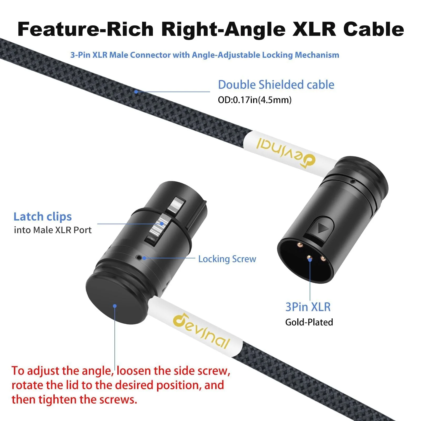 Devinal Rotatable Right-Angle XLR Cable, Adjustable-Angle Low-Profile XLR Microphone Adapter Connector, Right-Angle Mic Cord on Both Ends (Male and Female) 0.8 FT 2 pcs Angle Male to Angle Female 1FT - Image 2