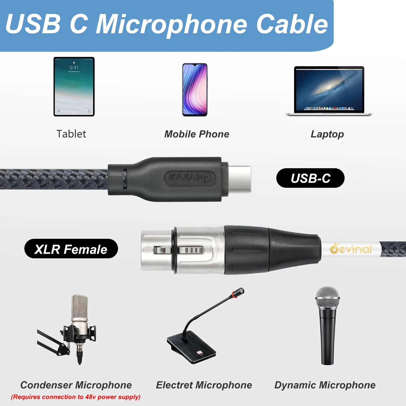 Devinal Upgrade XLR Female to USB C cable, USB tyep-C to Female XLR Recording Cable Cord Connector Adapter Compatible with Microphone Smartphone or MacBook 3M 3M/10FT - Image 2