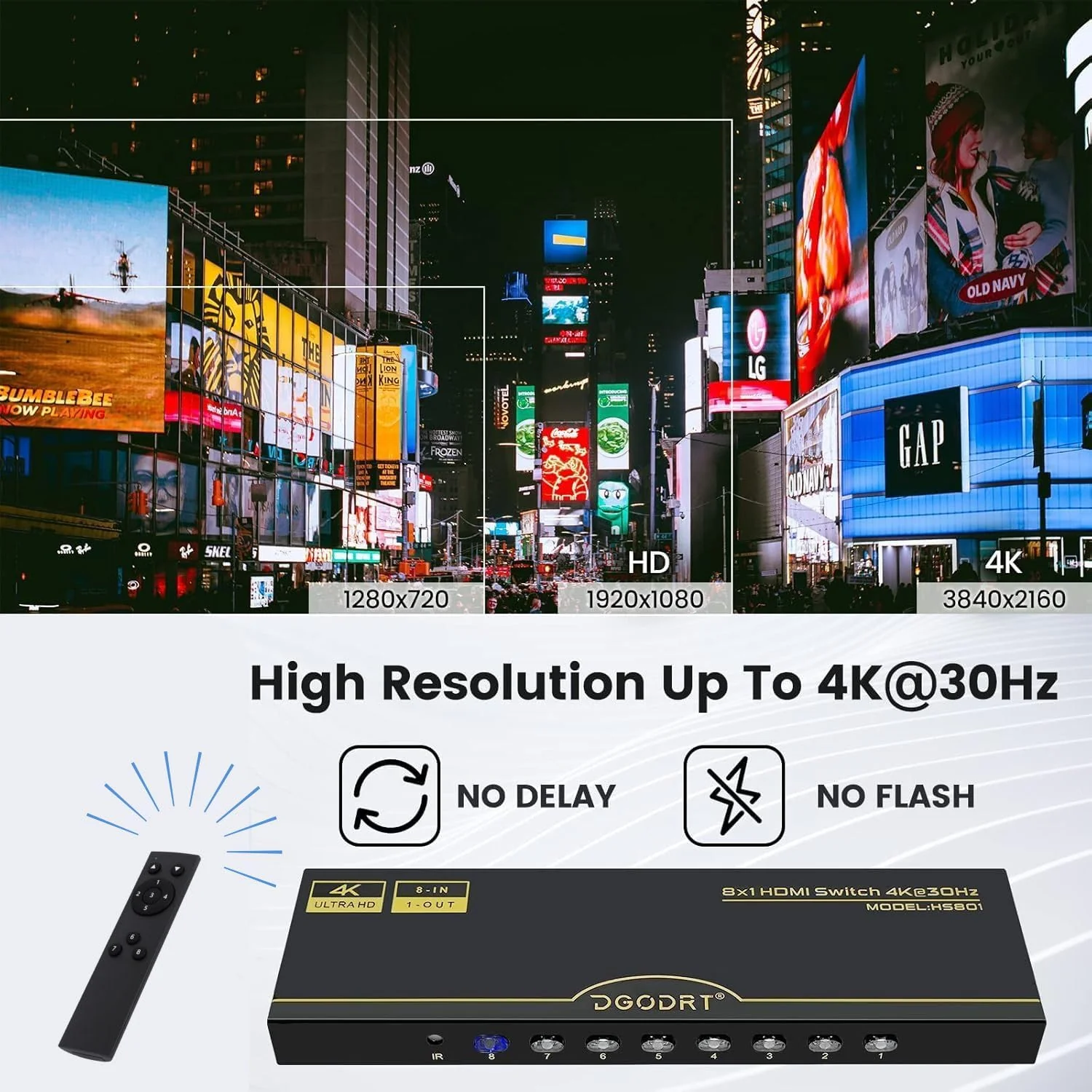 DGODRT 8×1 HDMI Switch 8 in 1 Out, 8 Port 4K HDMI Switcher Selector Box with IR Remote Control, Support 4K@30Hz Ultra HDR HDCP 3D 1080P for Xbox PS4 PC Laptop 4K@30Hz/8 in 1 Out - Image 5