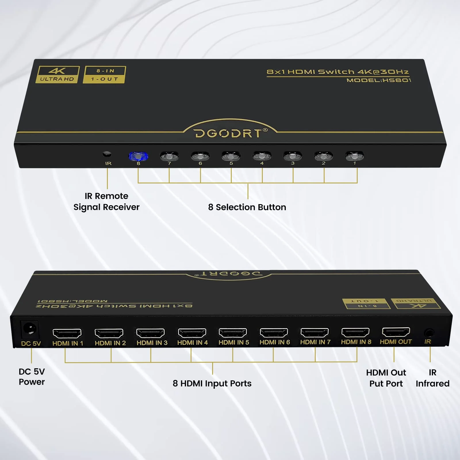 DGODRT 8×1 HDMI Switch 8 in 1 Out, 8 Port 4K HDMI Switcher Selector Box with IR Remote Control, Support 4K@30Hz Ultra HDR HDCP 3D 1080P for Xbox PS4 PC Laptop 4K@30Hz/8 in 1 Out - Image 6