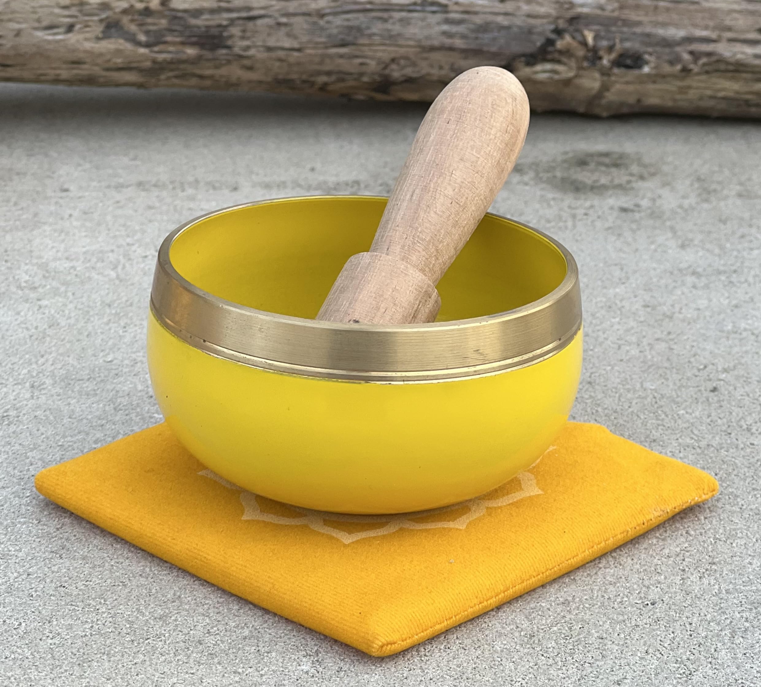 DharmaObjects Tibetan Solar Plexus Chakra Premium Palm Size Singing Bowl Gift Box Set Yellow - Image 2