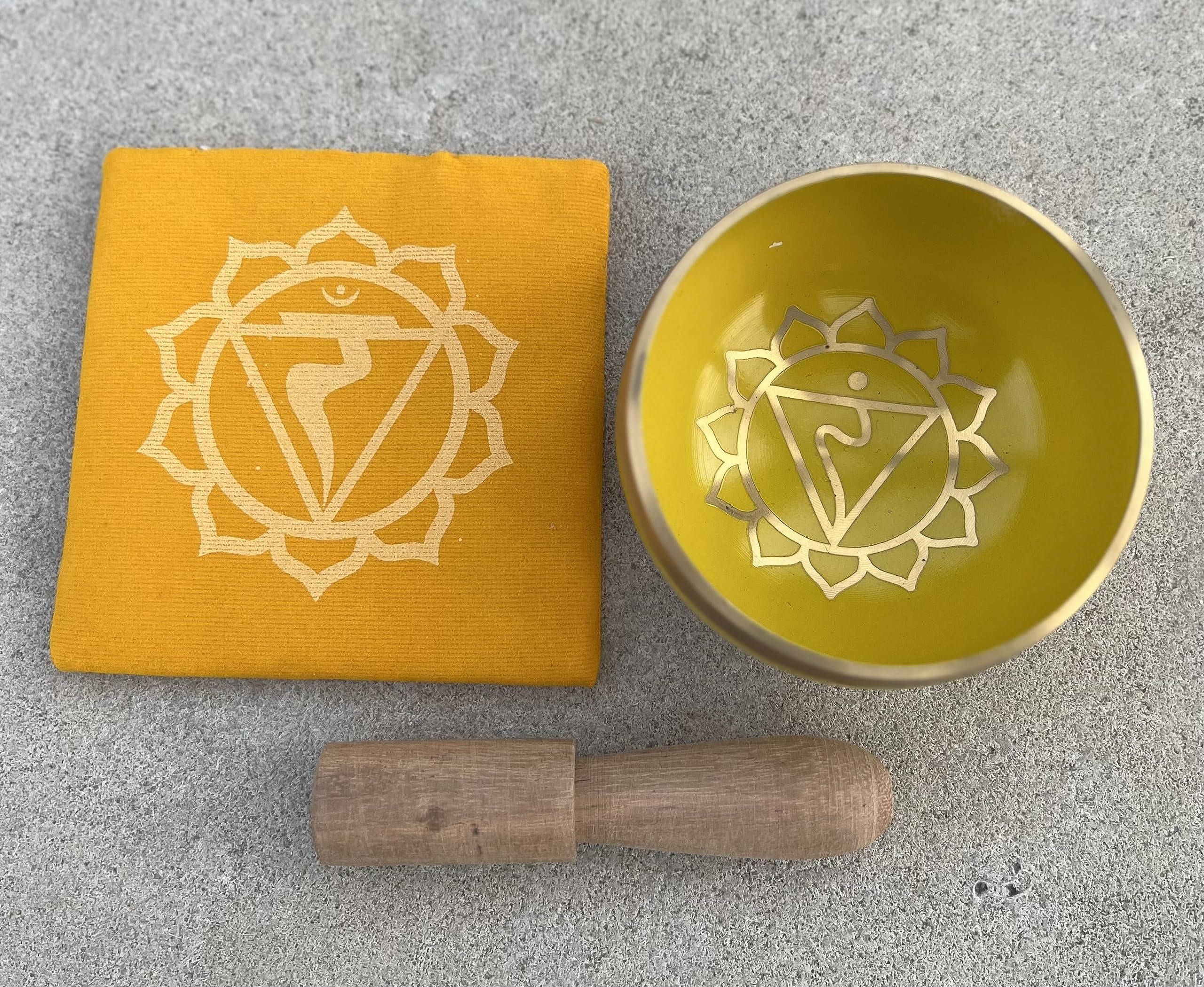 DharmaObjects Tibetan Solar Plexus Chakra Premium Palm Size Singing Bowl Gift Box Set Yellow - Image 5