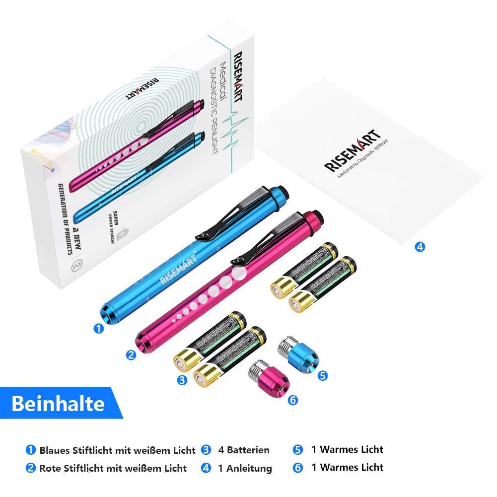 Diagnostic Light Pupil Light, RISEMART Pack of 2 Reusable LED Pen Lamp with Pocket Clip as Nurses Doctors Students Pen Light with 4 Batteries (Red and Blue) Red and Blue - Image 2