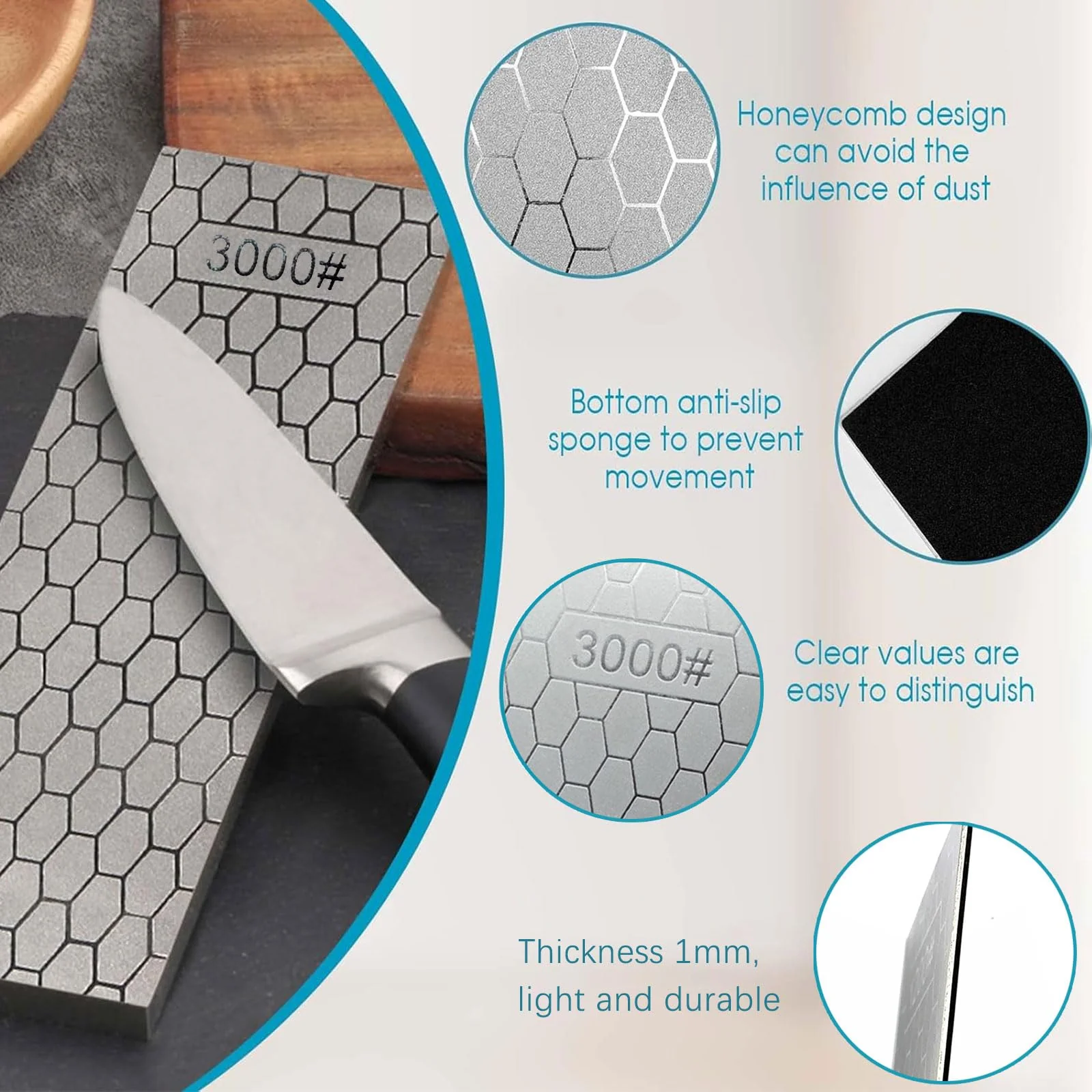 Diamond Whetstone, Whetstone, Sharpening Stones, Knife Sharpener, Knife Sharpener, 3000 Grit with Non-Slip Pad, Honeycomb Surface for Metal Blade Sharpening Polishing - Image 3