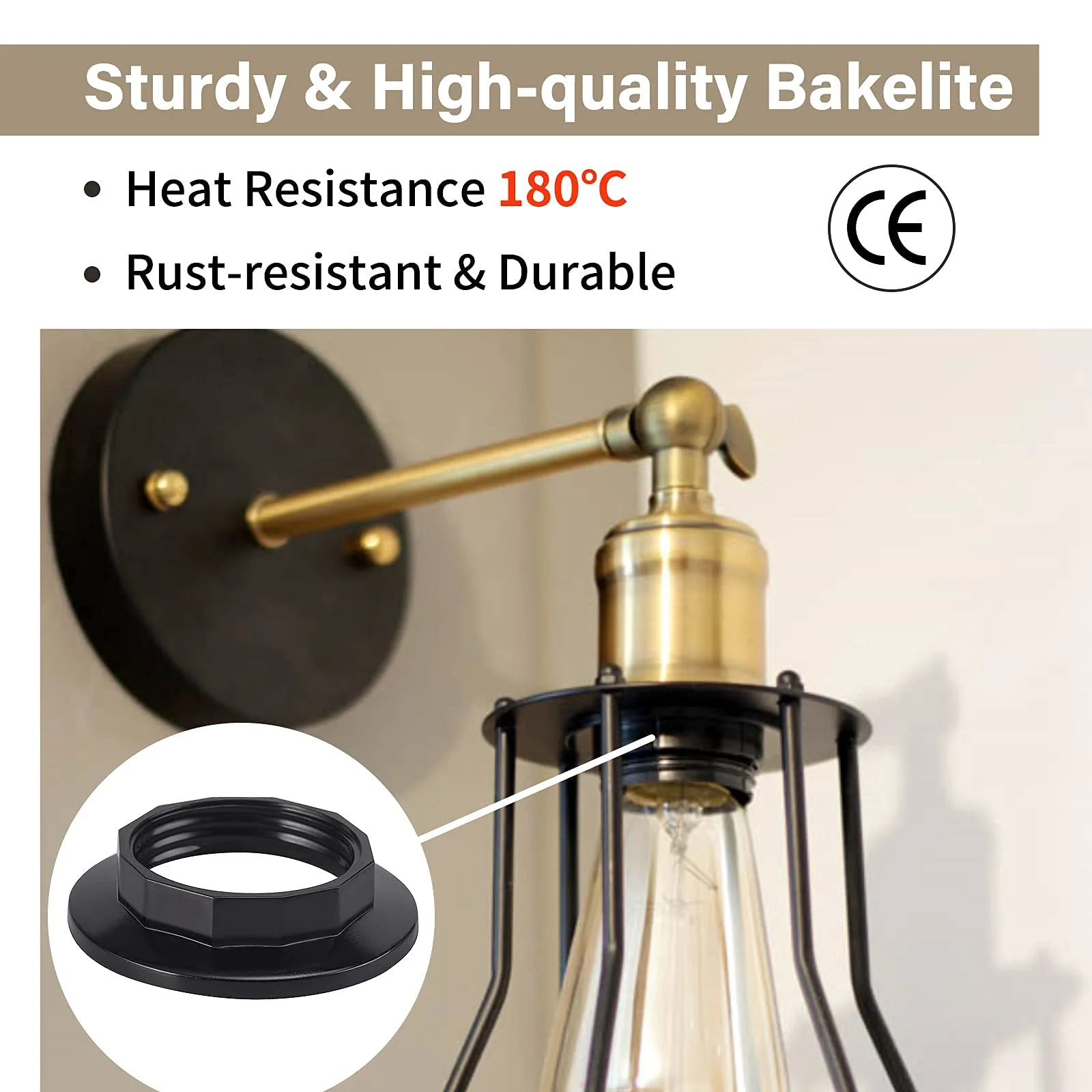 DiCUNO E14 Screw Ring for Lamp Holder, Heat Resistant Thread Ring for Lampshade or Glass Shade, 28 mm, Black Plastic Lamp Holder, Set of 4 28 mm black - Image 5