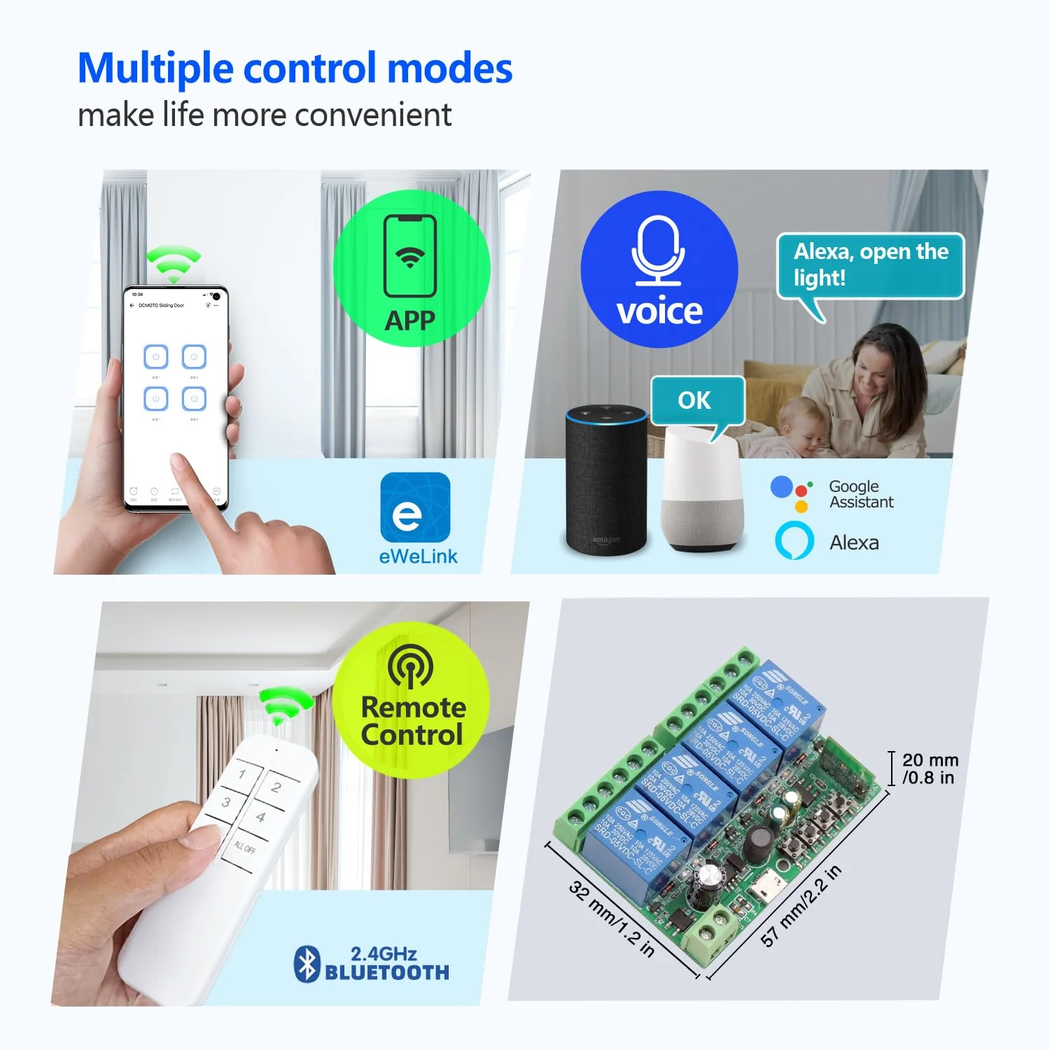 DieseRC 4 Channels WiFi Smart Switch with Bluetooth Transmitter, DC 5V 12V 24V 36V Passive Output Relay Module Ewelink APP WiFi Control Compatible with Alexa/Google Home, Inching/Self-Locking Switch TEW-4CHx1 - Image 2