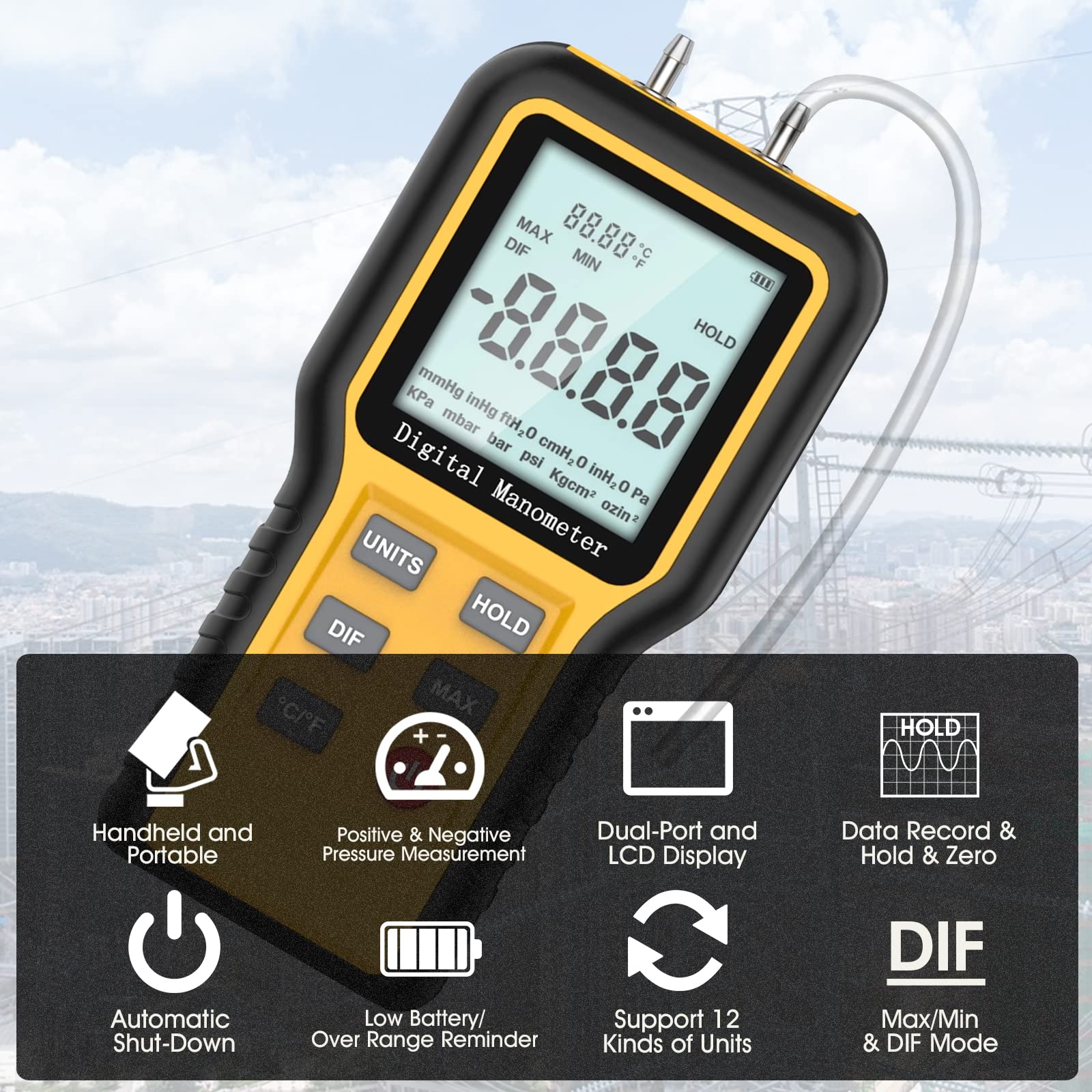 Differential Pressure Gauge Gas Pressure Gauge Dual Port Professional Pressure Gauge Air Pressure Meter 12 Selectable Units Differential Pressure Gauge with Battery & Backlight HVAC Yellow (12 units) - Image 2
