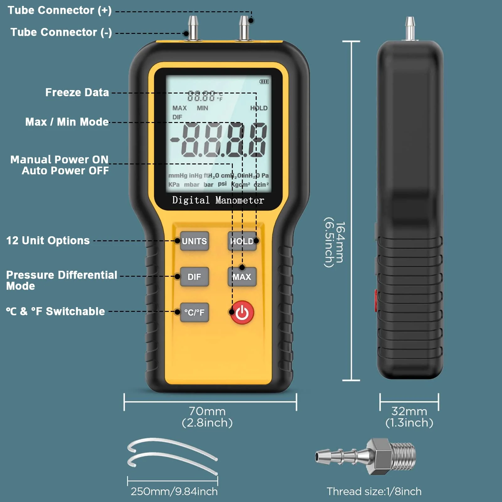 Differential Pressure Gauge Gas Pressure Gauge Dual Port Professional Pressure Gauge Air Pressure Meter 12 Selectable Units Differential Pressure Gauge with Battery & Backlight HVAC Yellow (12 units) - Image 3