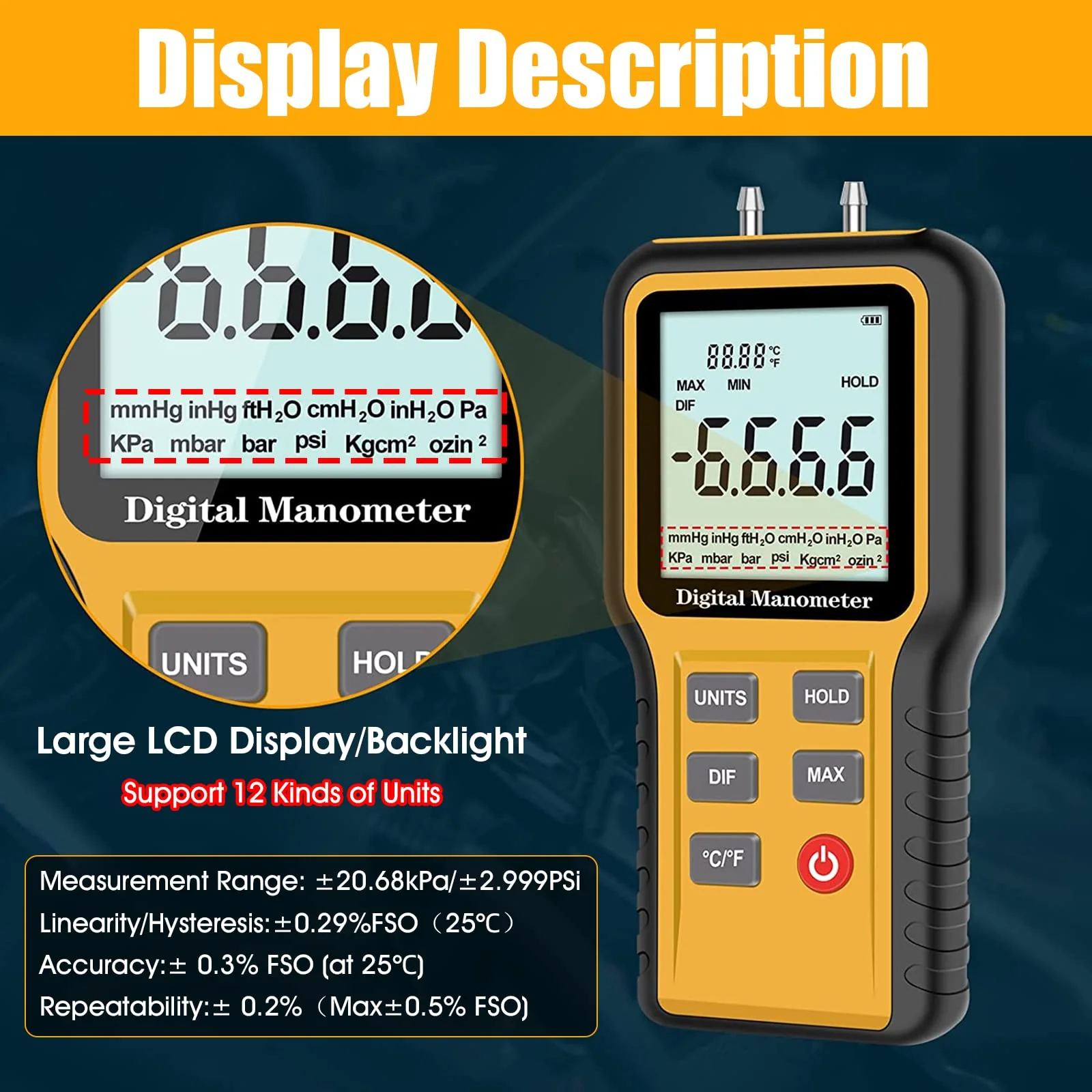 Differential Pressure Gauge Gas Pressure Gauge Dual Port Professional Pressure Gauge Air Pressure Meter 12 Selectable Units Differential Pressure Gauge with Battery & Backlight HVAC Yellow (12 units) - Image 5