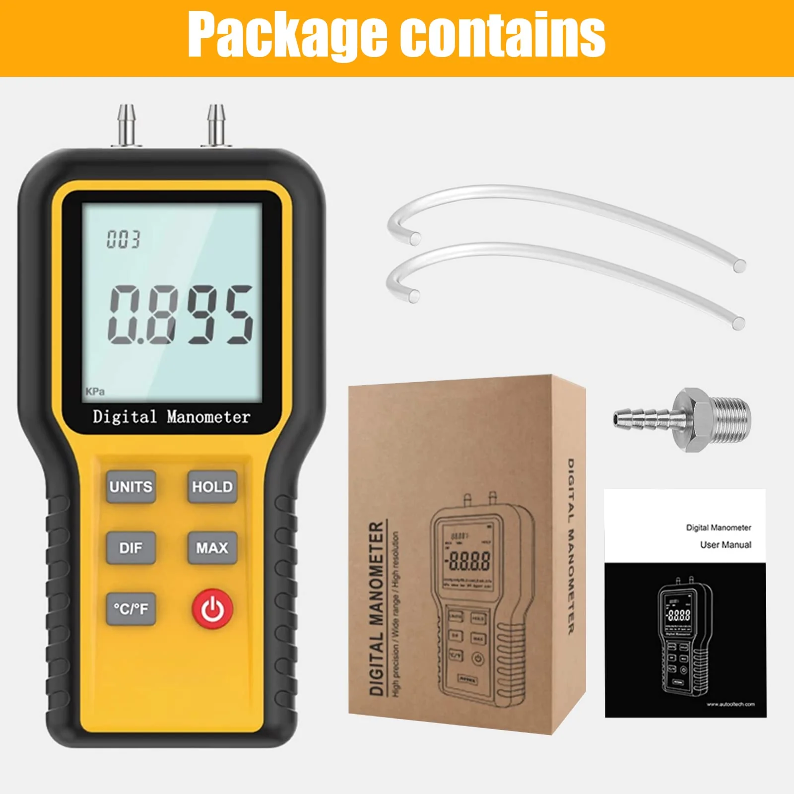 Differential Pressure Gauge Gas Pressure Gauge Dual Port Professional Pressure Gauge Air Pressure Meter 12 Selectable Units Differential Pressure Gauge with Battery & Backlight HVAC Yellow (12 units) - Image 7
