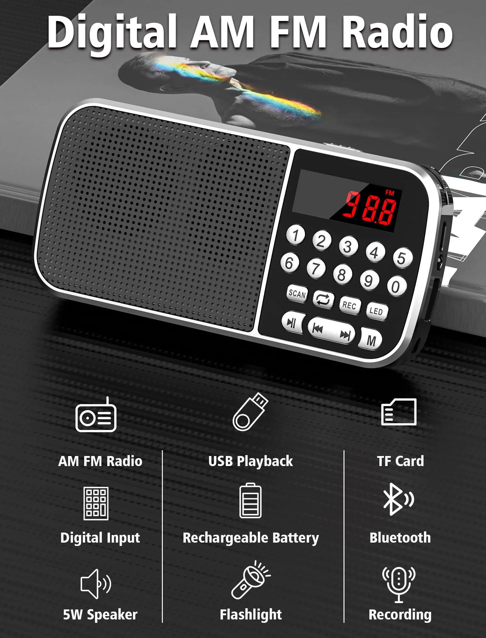 Digital AM FM Radio with Bluetooth 5.3,Small Transistor Radio with Best Reception,2000mAh Rechargeable Battery Operated Radio with 5W Speaker,TF Card USB MP3 Playback,3.5mm Earphone Jack,Flashlight Black - Image 2