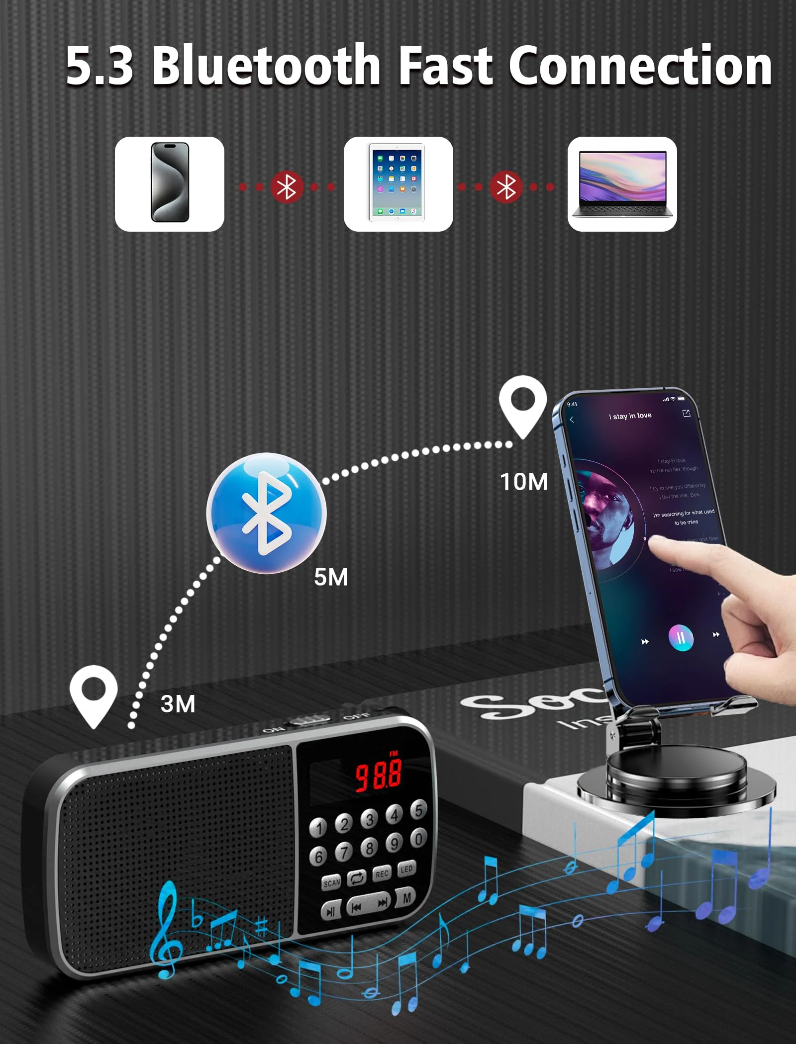Digital AM FM Radio with Bluetooth 5.3,Small Transistor Radio with Best Reception,2000mAh Rechargeable Battery Operated Radio with 5W Speaker,TF Card USB MP3 Playback,3.5mm Earphone Jack,Flashlight Black - Image 3