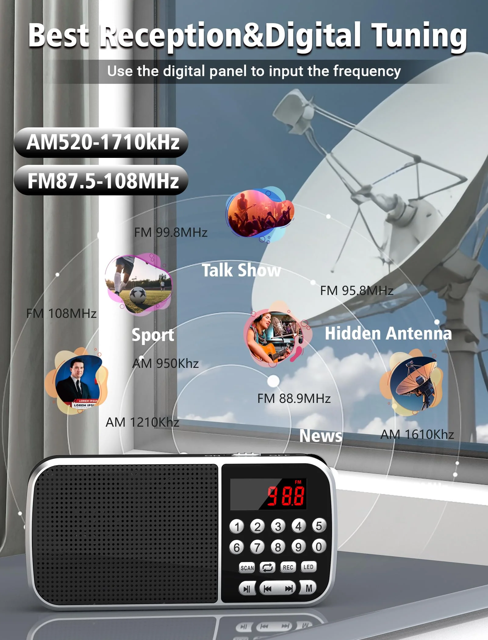 Digital AM FM Radio with Bluetooth 5.3,Small Transistor Radio with Best Reception,2000mAh Rechargeable Battery Operated Radio with 5W Speaker,TF Card USB MP3 Playback,3.5mm Earphone Jack,Flashlight Black - Image 4