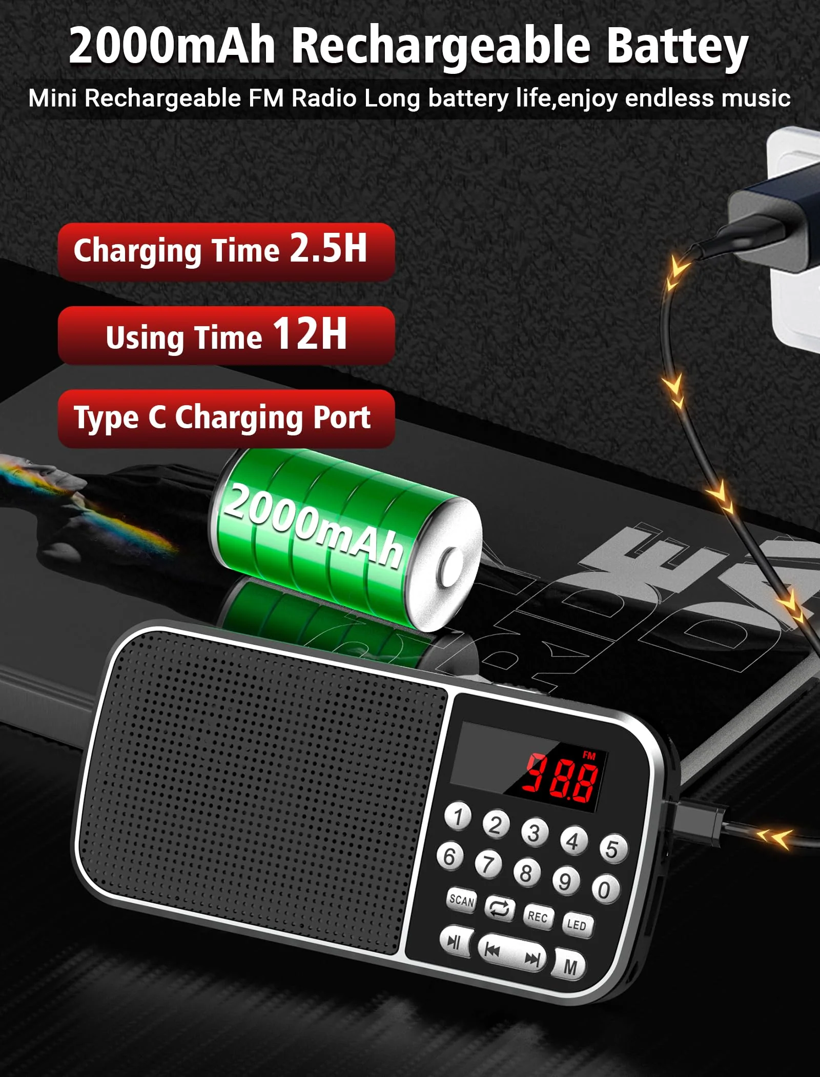Digital AM FM Radio with Bluetooth 5.3,Small Transistor Radio with Best Reception,2000mAh Rechargeable Battery Operated Radio with 5W Speaker,TF Card USB MP3 Playback,3.5mm Earphone Jack,Flashlight Black - Image 5