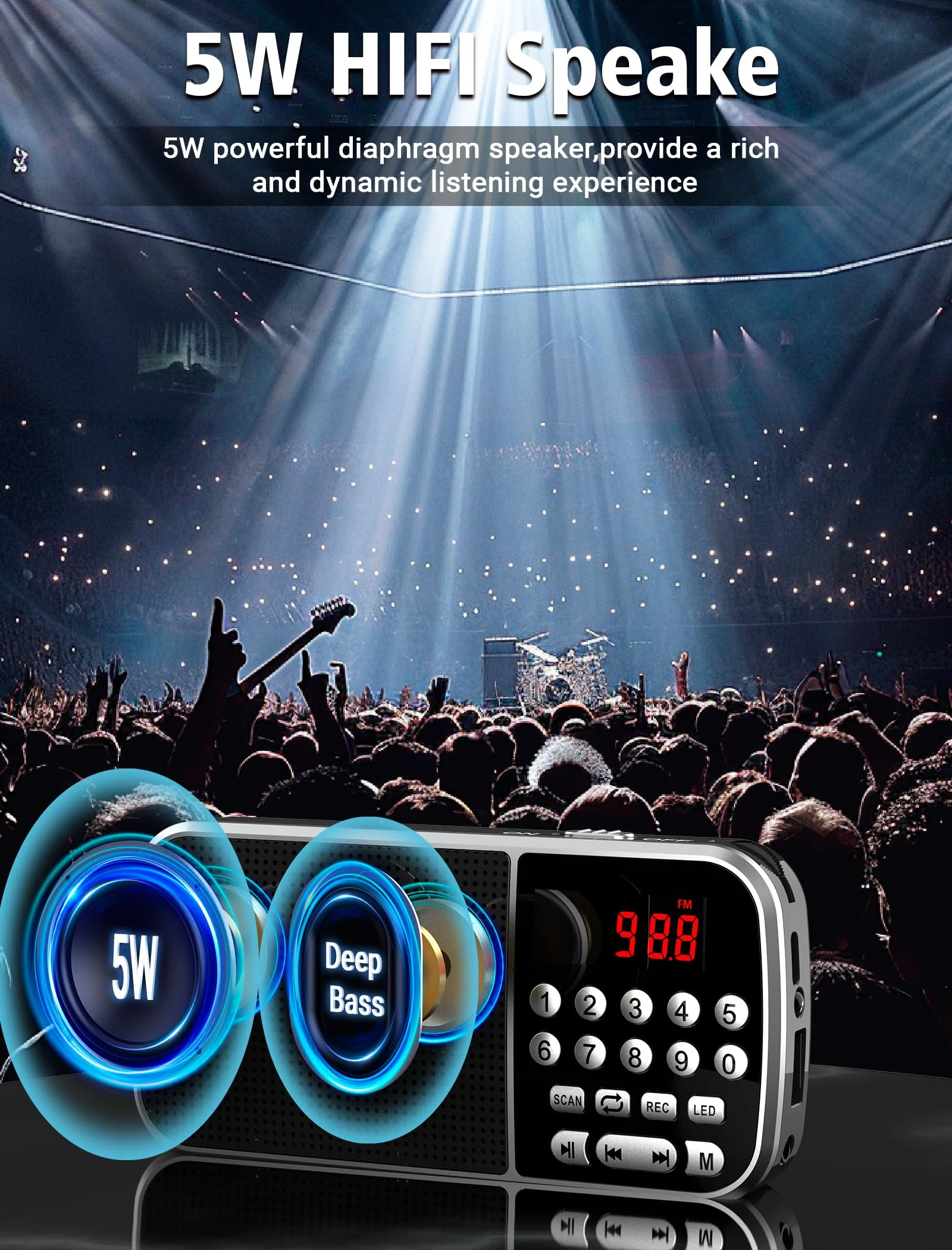 Digital AM FM Radio with Bluetooth 5.3,Small Transistor Radio with Best Reception,2000mAh Rechargeable Battery Operated Radio with 5W Speaker,TF Card USB MP3 Playback,3.5mm Earphone Jack,Flashlight Black - Image 6