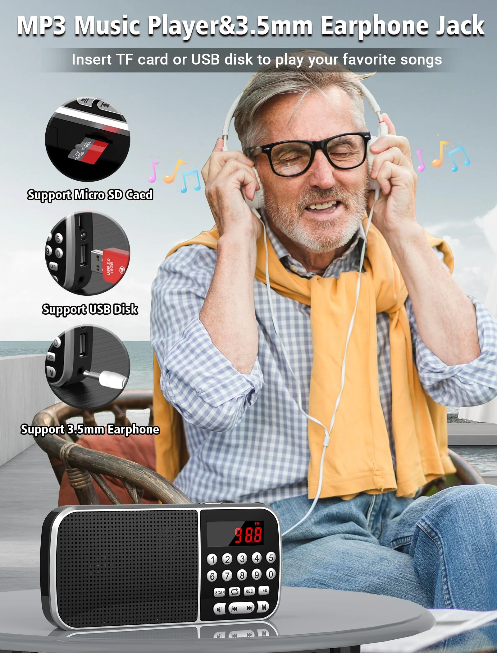Digital AM FM Radio with Bluetooth 5.3,Small Transistor Radio with Best Reception,2000mAh Rechargeable Battery Operated Radio with 5W Speaker,TF Card USB MP3 Playback,3.5mm Earphone Jack,Flashlight Black - Image 8