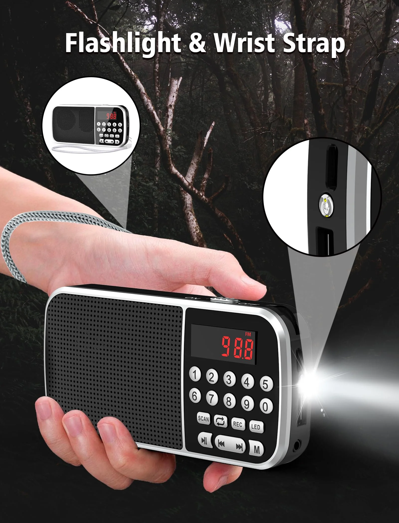 Digital AM FM Radio with Bluetooth 5.3,Small Transistor Radio with Best Reception,2000mAh Rechargeable Battery Operated Radio with 5W Speaker,TF Card USB MP3 Playback,3.5mm Earphone Jack,Flashlight Black - Image 9