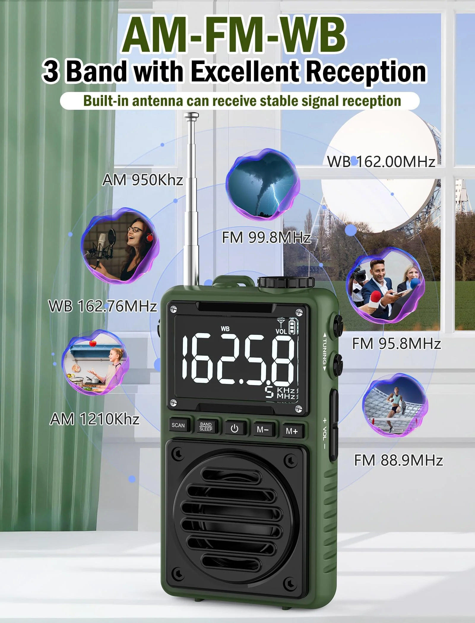 Digital AM FM Weather Band Radio with Flashlight,850mAh Rechargeable Portable Pocket Radio with Best Reception,LCD Screen, Back Clip,Stereo Earphone Jack, SOS Alarm,Sleep Timer for Jogging,Walking Green - Image 2