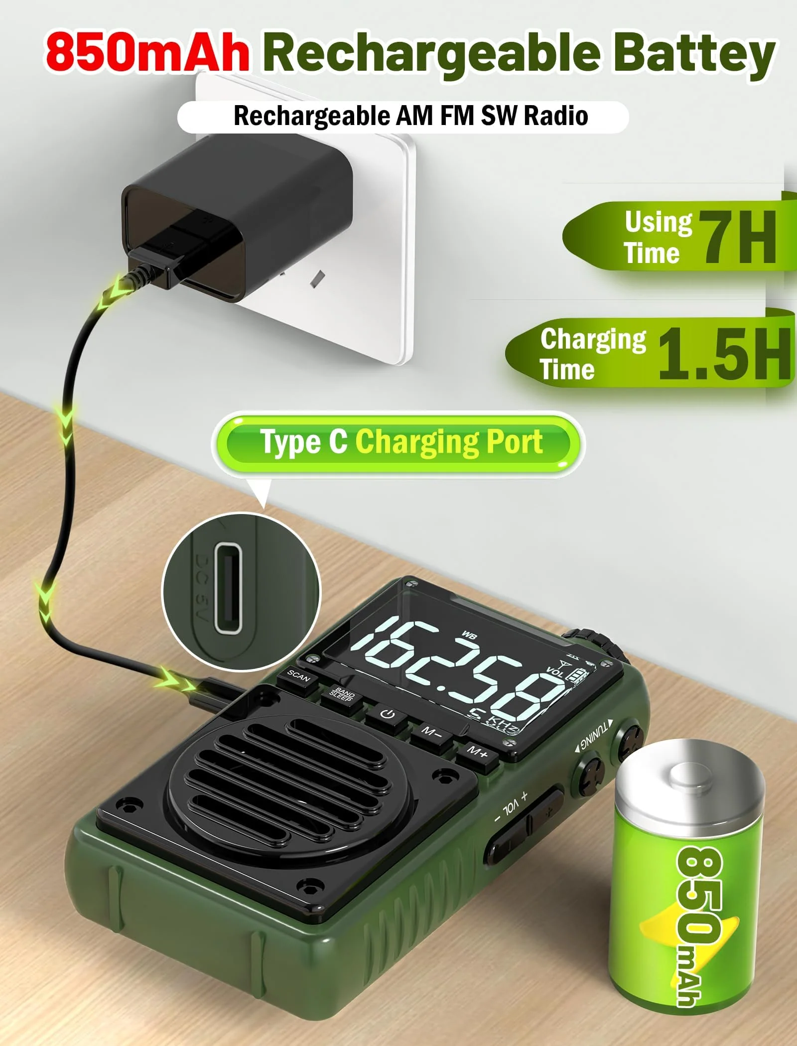Digital AM FM Weather Band Radio with Flashlight,850mAh Rechargeable Portable Pocket Radio with Best Reception,LCD Screen, Back Clip,Stereo Earphone Jack, SOS Alarm,Sleep Timer for Jogging,Walking Green - Image 3